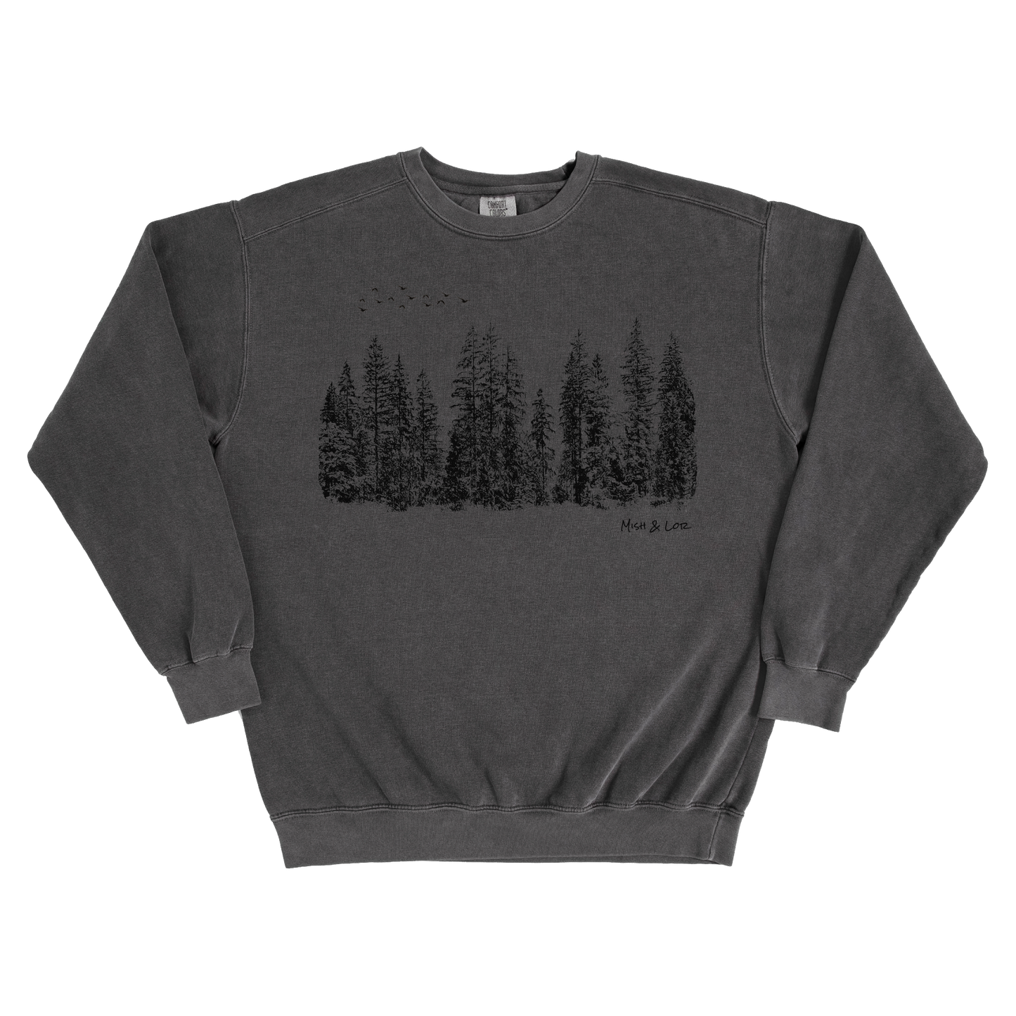 Flight Over Evergreens 80% Cotton Crewneck Sweatshirt | Unisex Graphic Sweatshirt (Black/Gray)