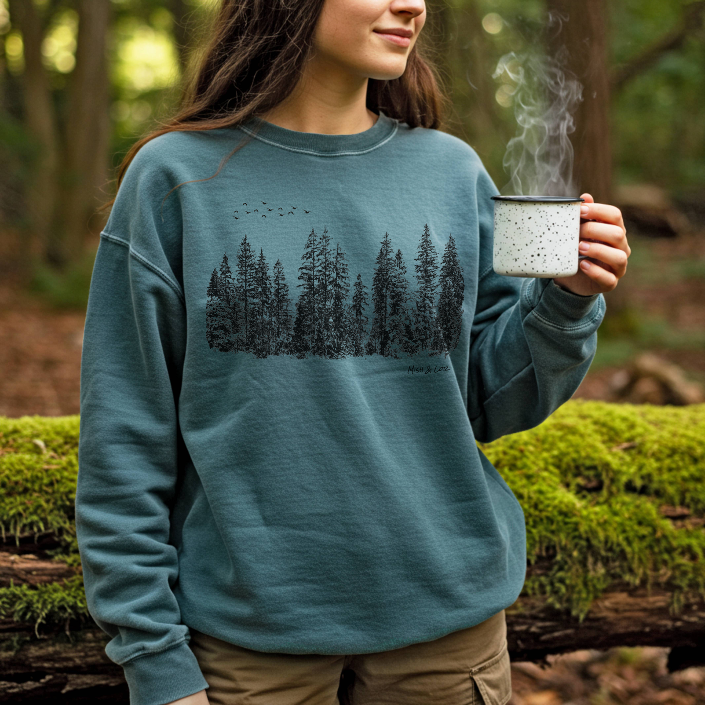 Flight Over Evergreens 80% Cotton Crewneck Sweatshirt | Unisex Graphic Sweatshirt (Green)