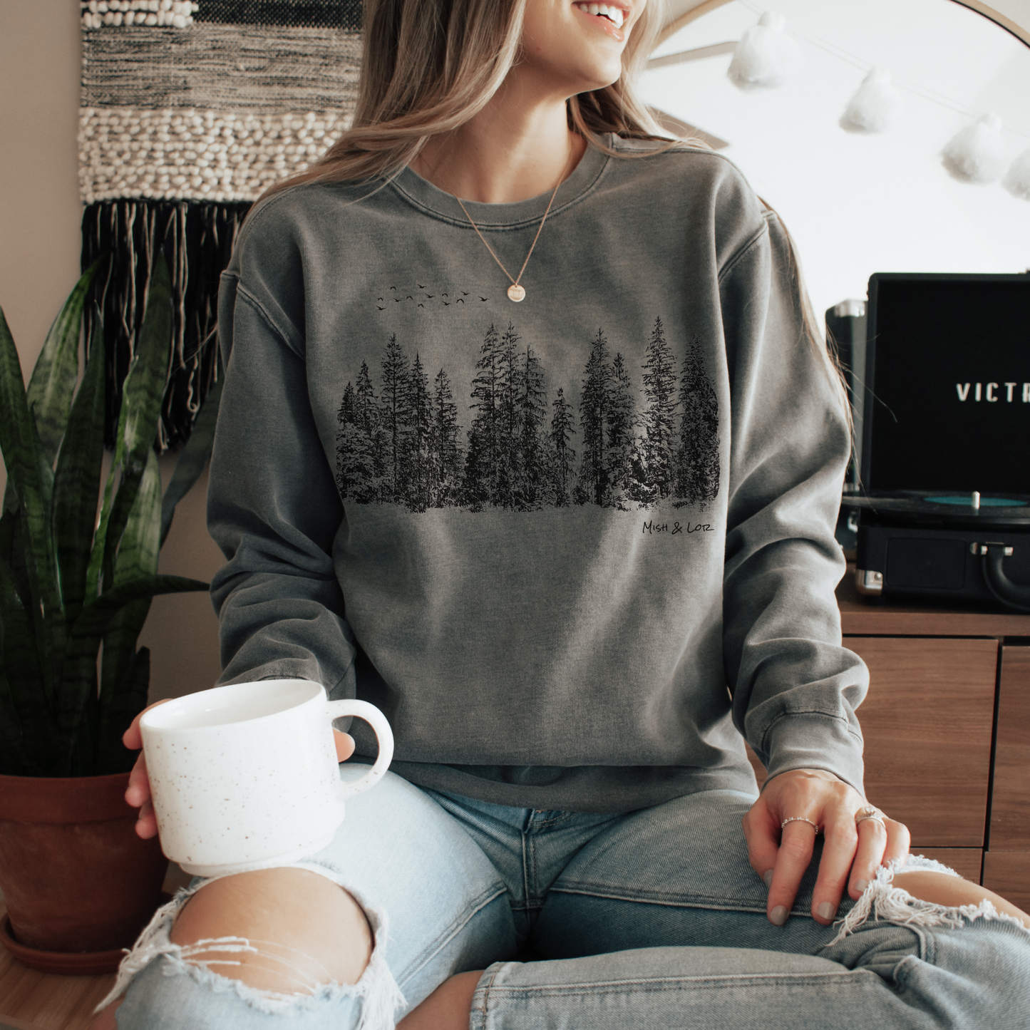 Flight Over Evergreens 80% Cotton Crewneck Sweatshirt | Unisex Graphic Sweatshirt (Black/Gray)