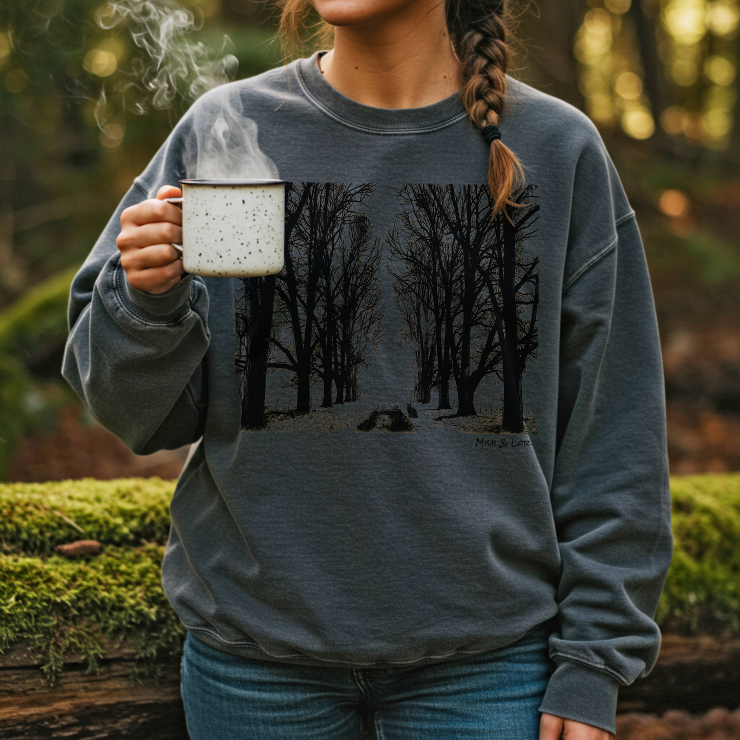 Stay Out of the Forest 80% Cotton Sweatshirt | Spooky Trees Fall Graphic Crewneck (Black/Gray)