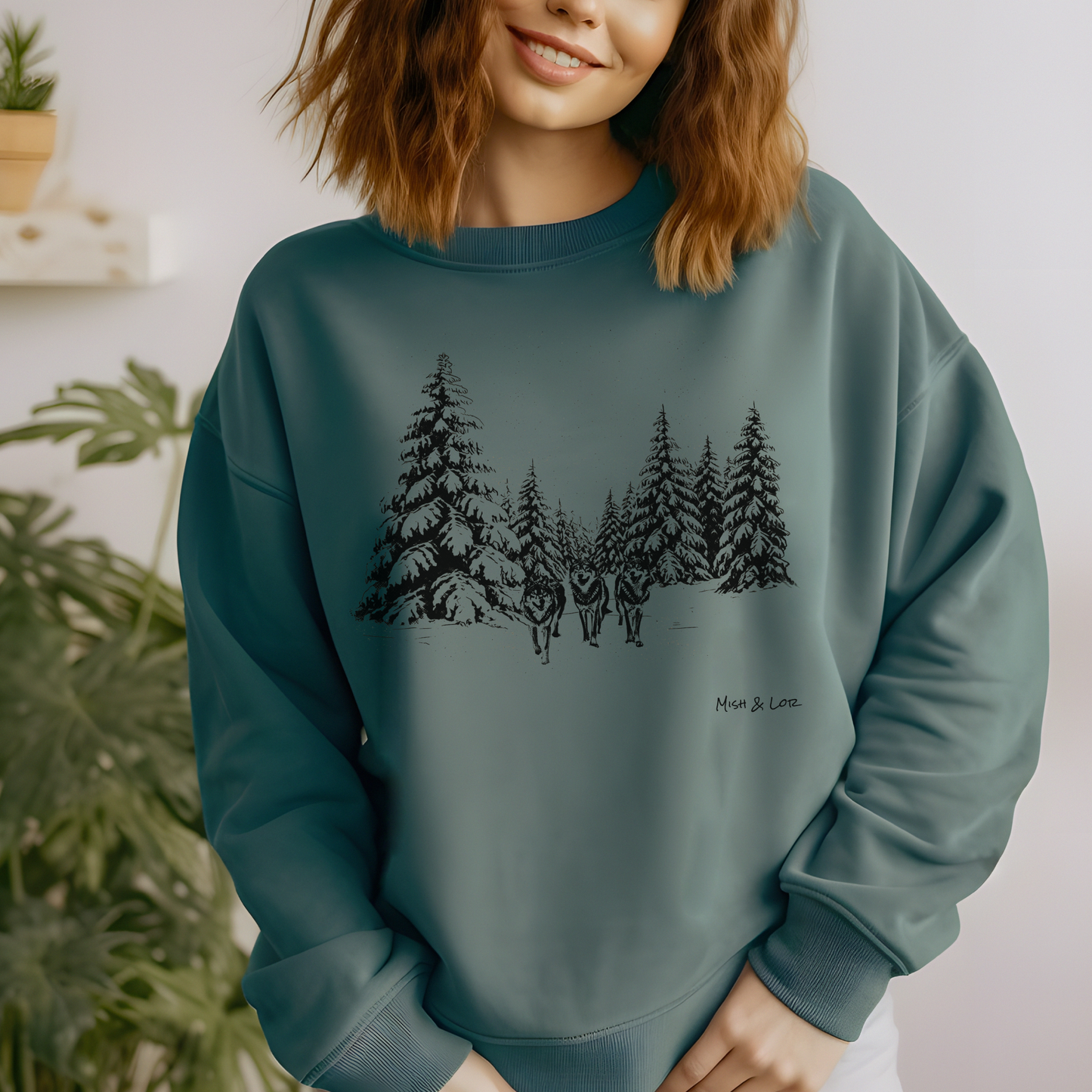 Winter Wolves 80% Cotton Sweatshirt | Nature Graphic Crewneck (Green)