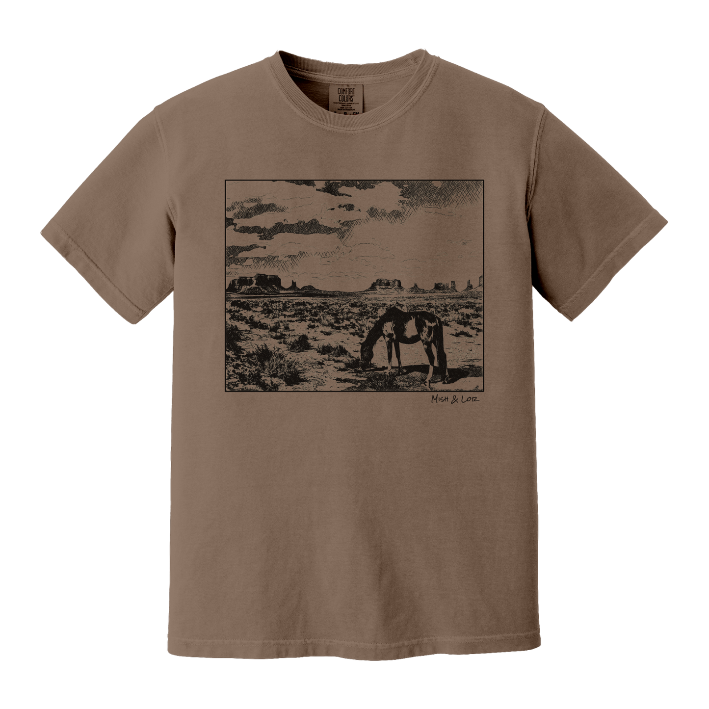 Desert Horse t-shirt in Espresso (brown), with a lone horse grazing before desert buttes under a softly clouded southwestern sky.