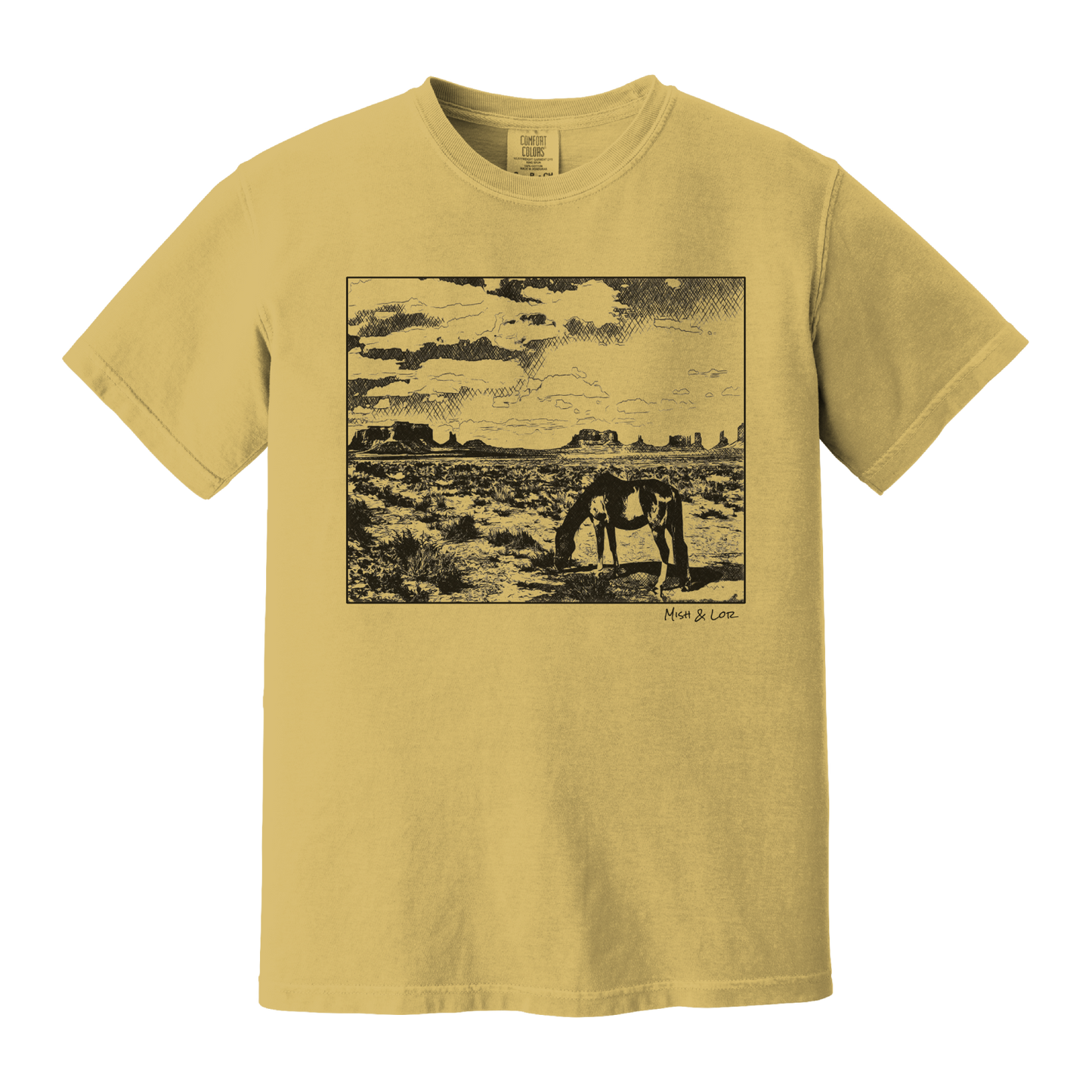 Desert Horse t-shirt in Mustard (yellow), with a lone horse grazing before desert buttes under a softly clouded southwestern sky.