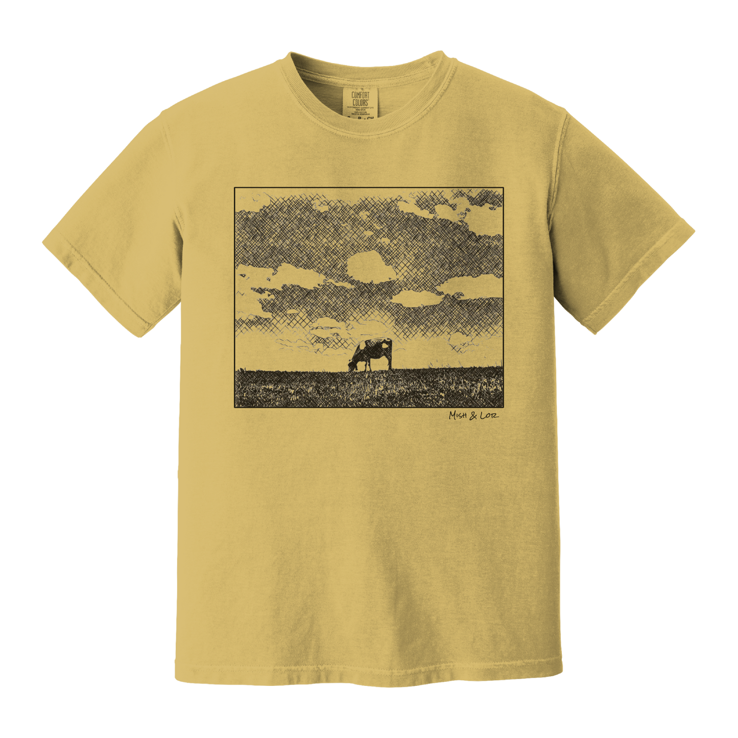 Front view of the Field Cow Cotton T-Shirt in Mustard (yellow) featuring a whimsical black-and-white rendering of a lone cow grazing in a field beneath a cloud-dotted sky