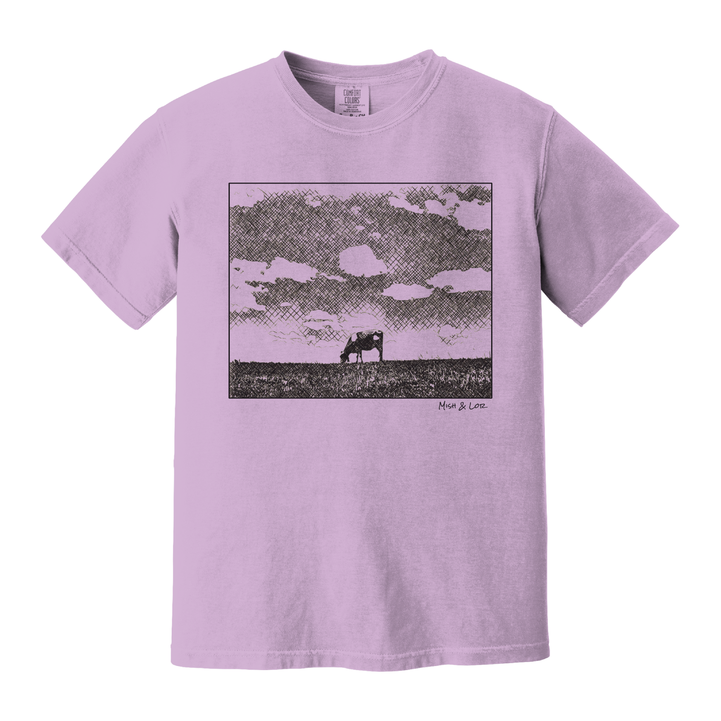 Front view of the Field Cow Cotton T-Shirt in Orchid (purple) featuring a whimsical black-and-white rendering of a lone cow grazing in a field beneath a cloud-dotted sky