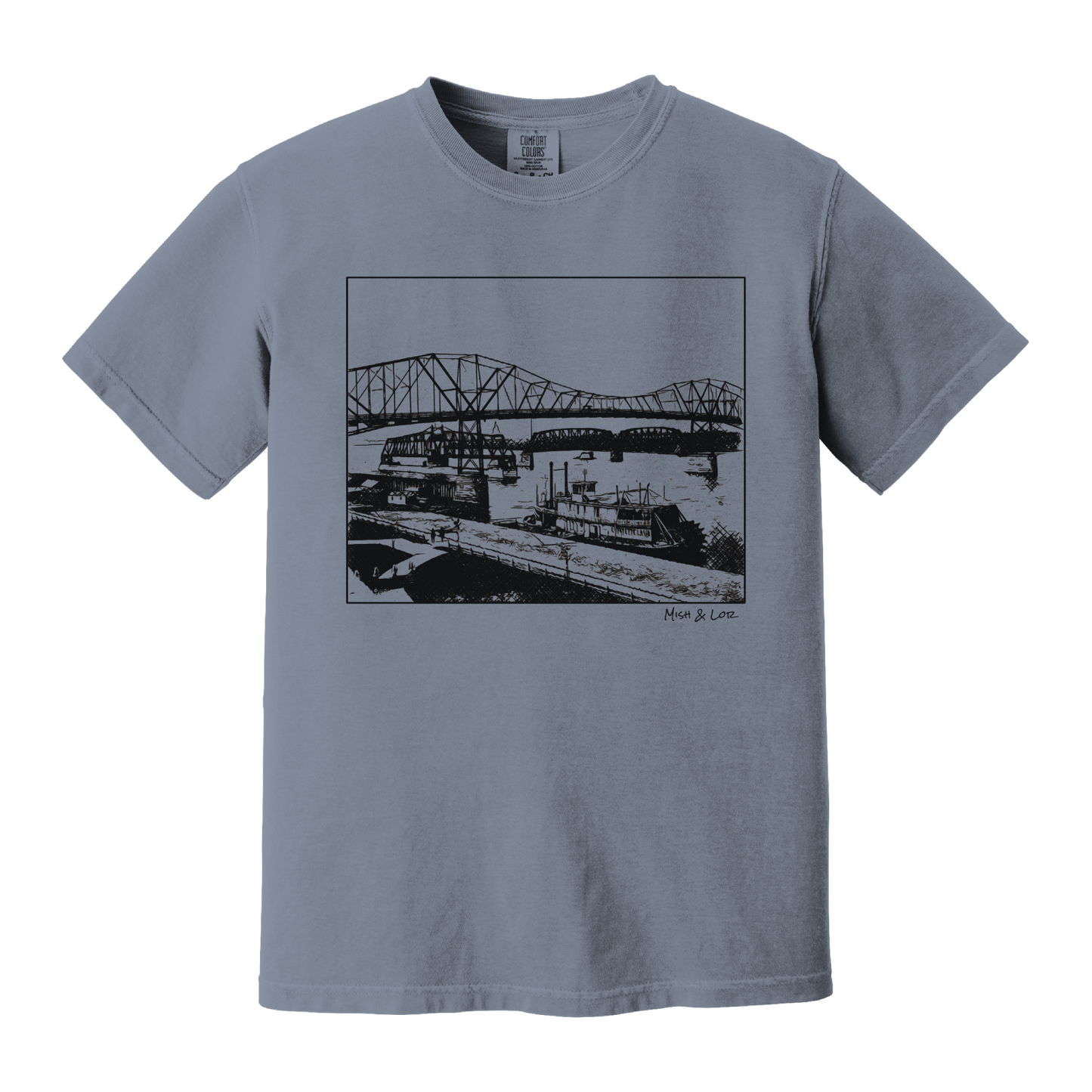 Front view of the Mississippi River Bride Cotton T-Shirt in Blue Jean (dusty blue), featuring a framed vintage riverfront scene — steel bridges and riverboats rendered in a minimalist, indie-inspired style