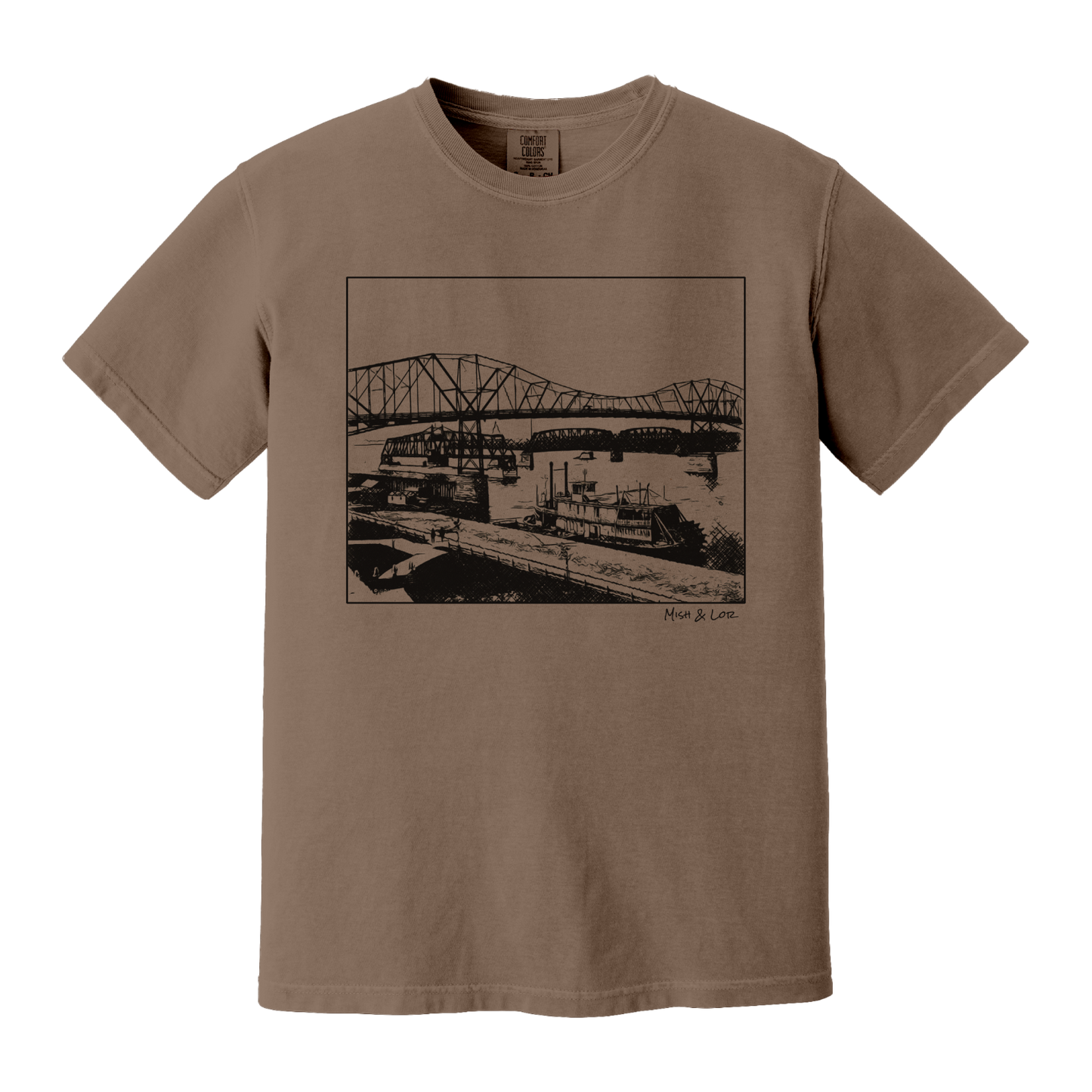 Front view of the Mississippi River Bride Cotton T-Shirt in Espresso (brown), featuring a framed vintage riverfront scene — steel bridges and riverboats rendered in a minimalist, indie-inspired style