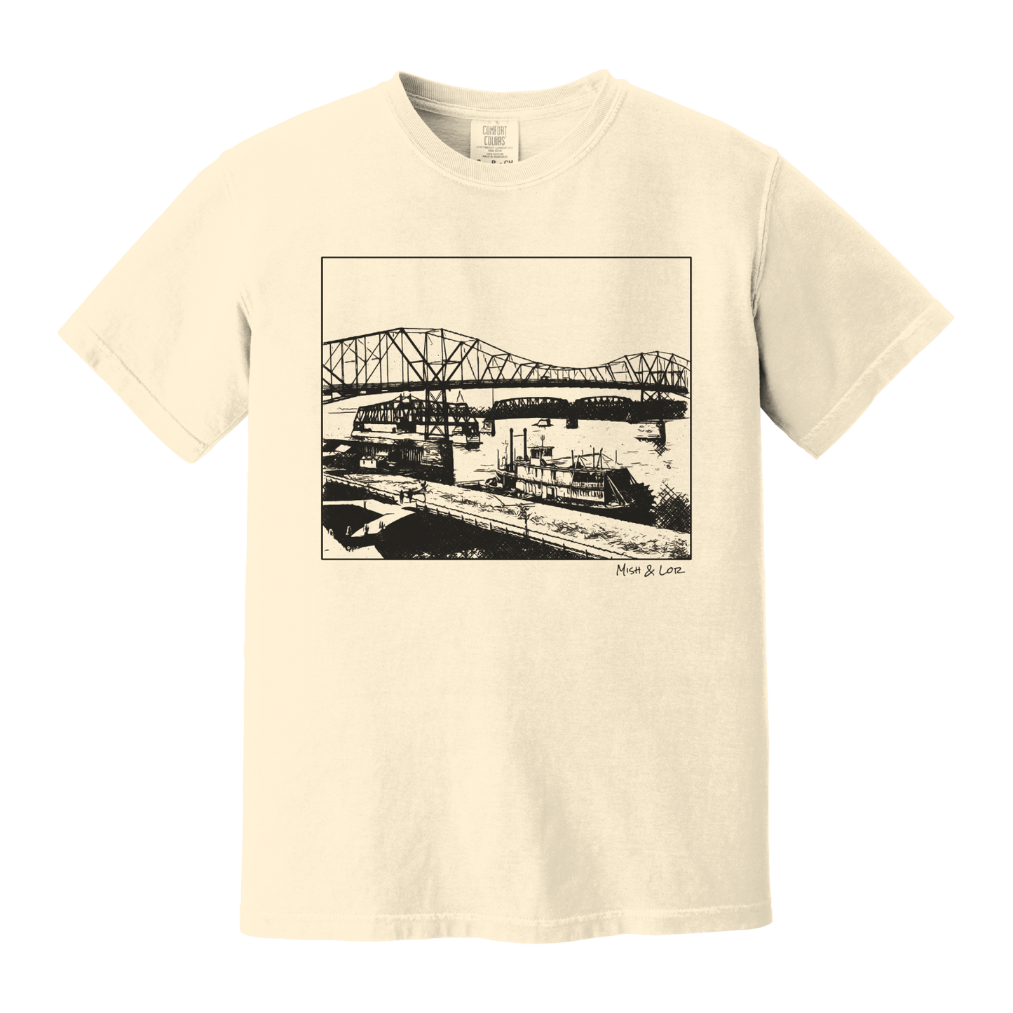 Front view of the Mississippi River Bride Cotton T-Shirt in Ivory (cream), featuring a framed vintage riverfront scene — steel bridges and riverboats rendered in a minimalist, indie-inspired style