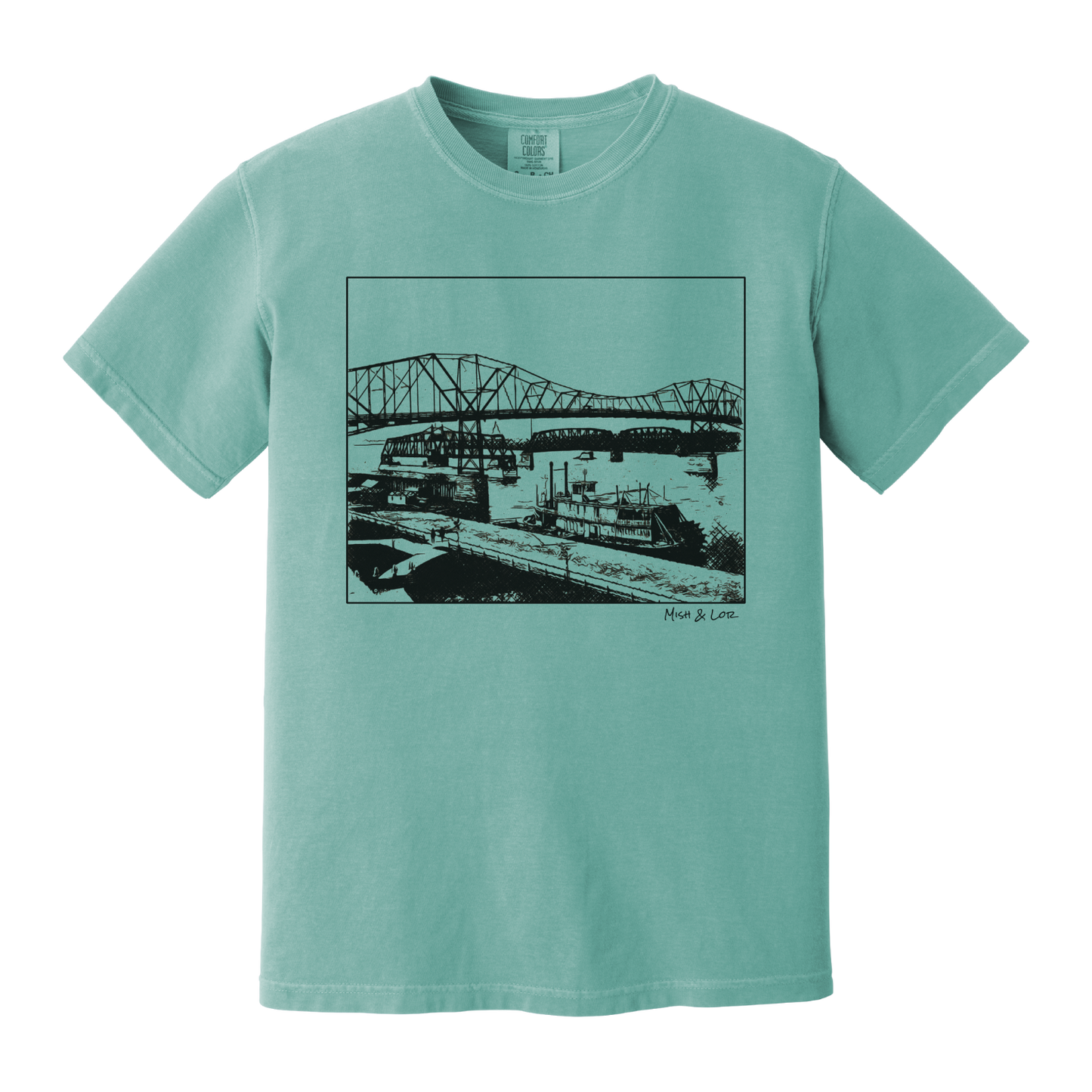 Front view of the Mississippi River Bride Cotton T-Shirt in Seafoam (teal), featuring a framed vintage riverfront scene — steel bridges and riverboats rendered in a minimalist, indie-inspired style