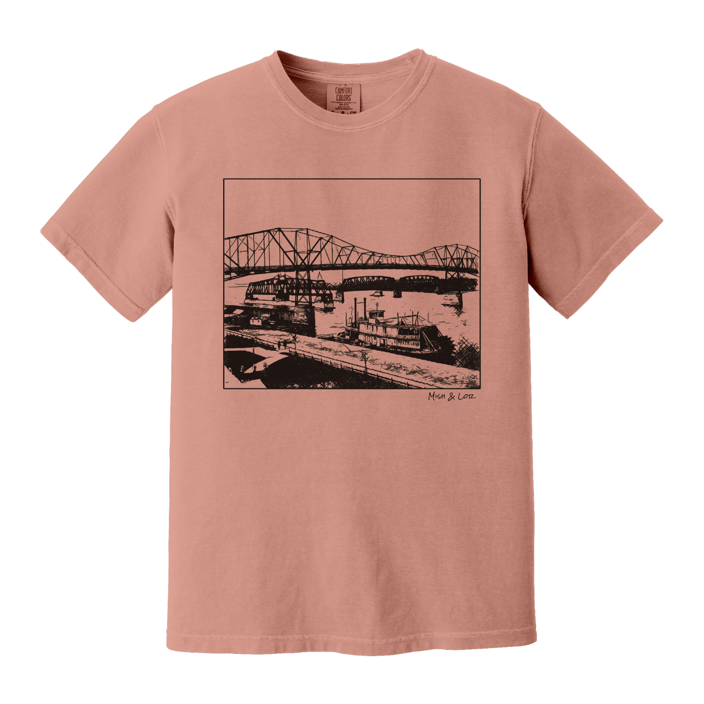 Front view of the Mississippi River Bride Cotton T-Shirt in Terracotta (coral), featuring a framed vintage riverfront scene — steel bridges and riverboats rendered in a minimalist, indie-inspired style