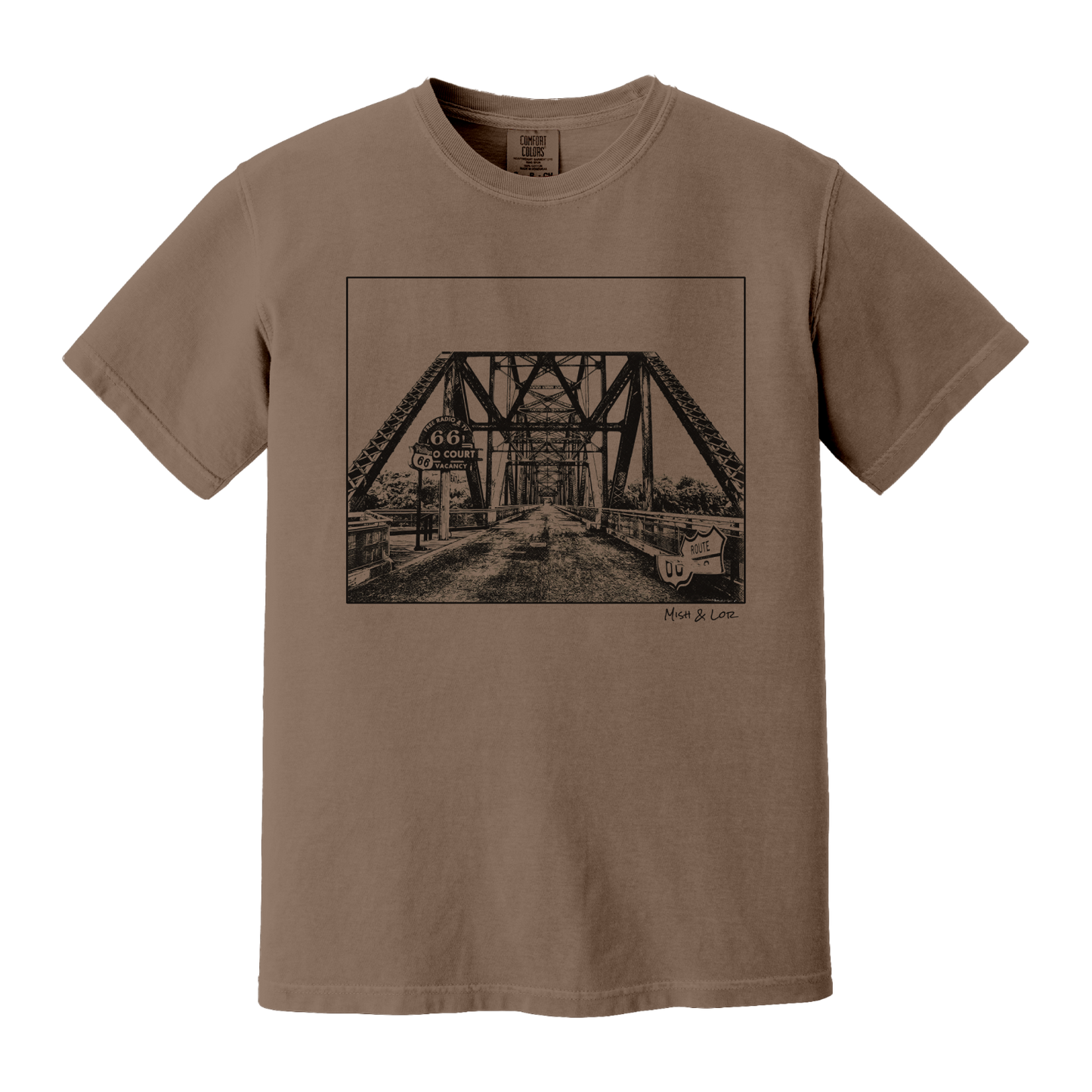 Front view of the Old Route 66 cotton t-shirt in Espresso (brown), featuring a weathered industrial-style bridge and road graphic