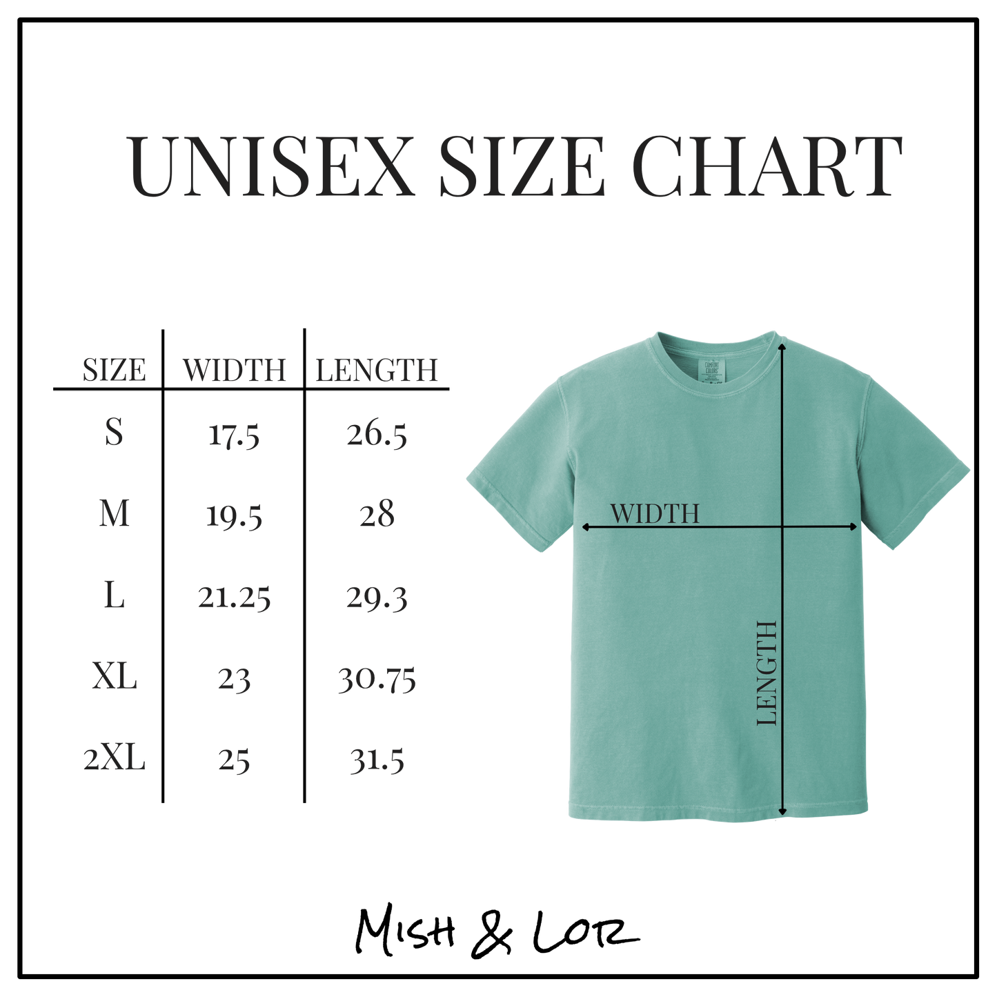 Size chart for unisex short sleeve t-shirts, showing chest and length in inches.
