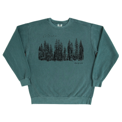 Flight Over Evergreens 80% Cotton Crewneck Sweatshirt | Unisex Graphic Sweatshirt (Green)