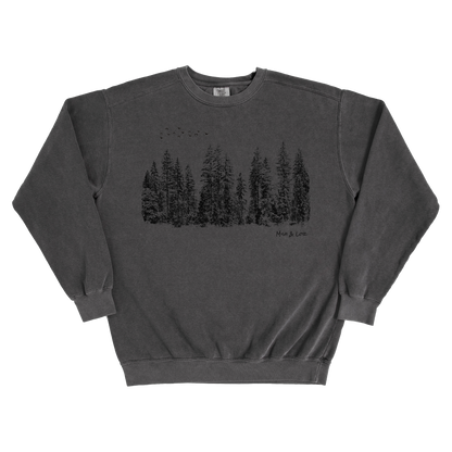 Flight Over Evergreens 80% Cotton Crewneck Sweatshirt | Unisex Graphic Sweatshirt (Black/Gray)