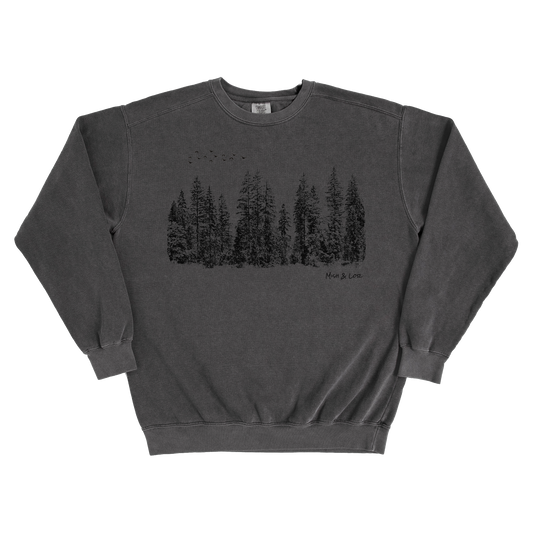 Flight Over Evergreens 80% Cotton Crewneck Sweatshirt | Unisex Graphic Sweatshirt (Black/Gray)