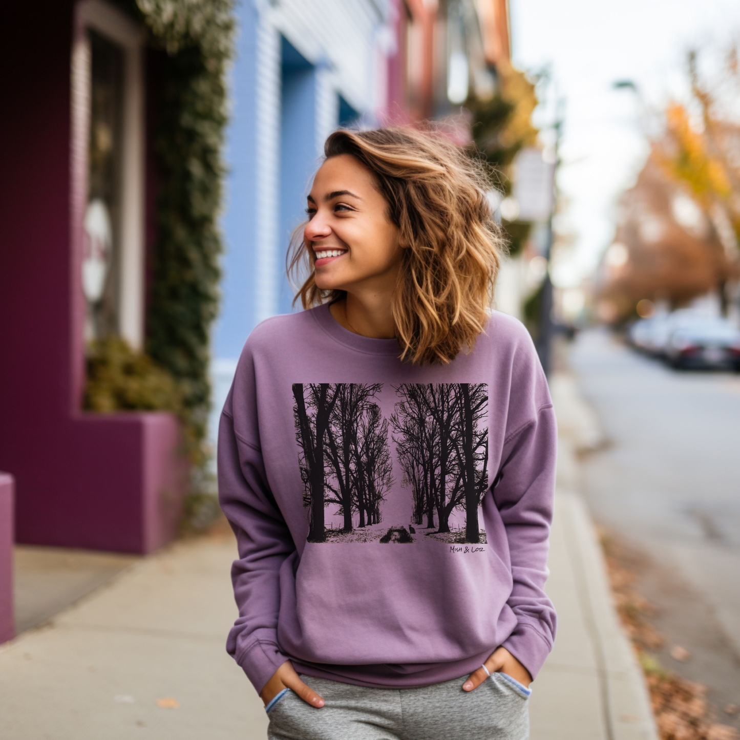 Stay Out of the Forest 80% Cotton Sweatshirt | Spooky Trees Fall Graphic Crewneck (Purple)