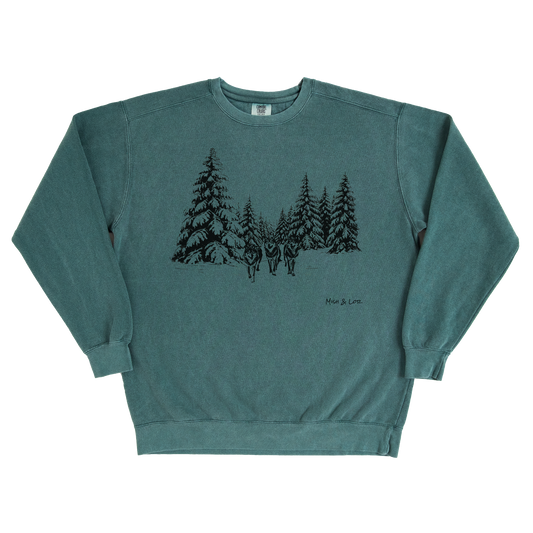 Winter Wolves 80% Cotton Sweatshirt | Nature Graphic Crewneck (Green)