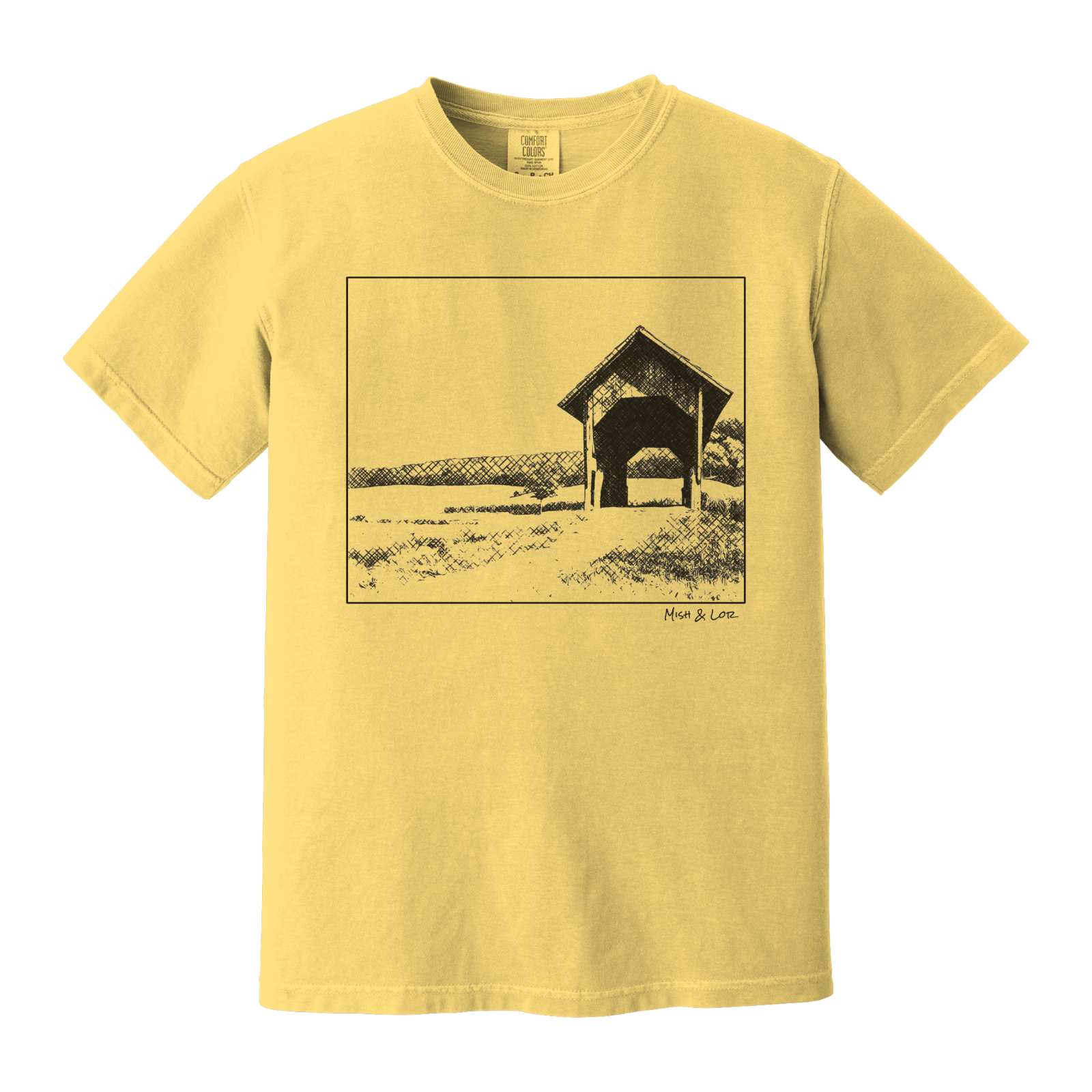 Front view of the Covered Bridge cotton t‑shirt in Mustard (yellow), with a storybook scene of a rustic covered bridge arching over a quiet Vermont dirt road.