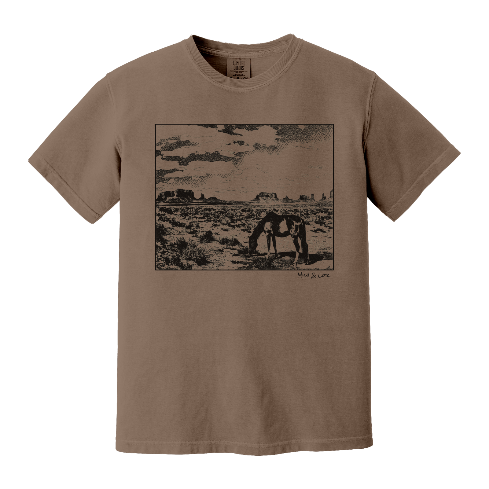 Desert Horse t-shirt in Espresso (brown), with a lone horse grazing before desert buttes under a softly clouded southwestern sky.
