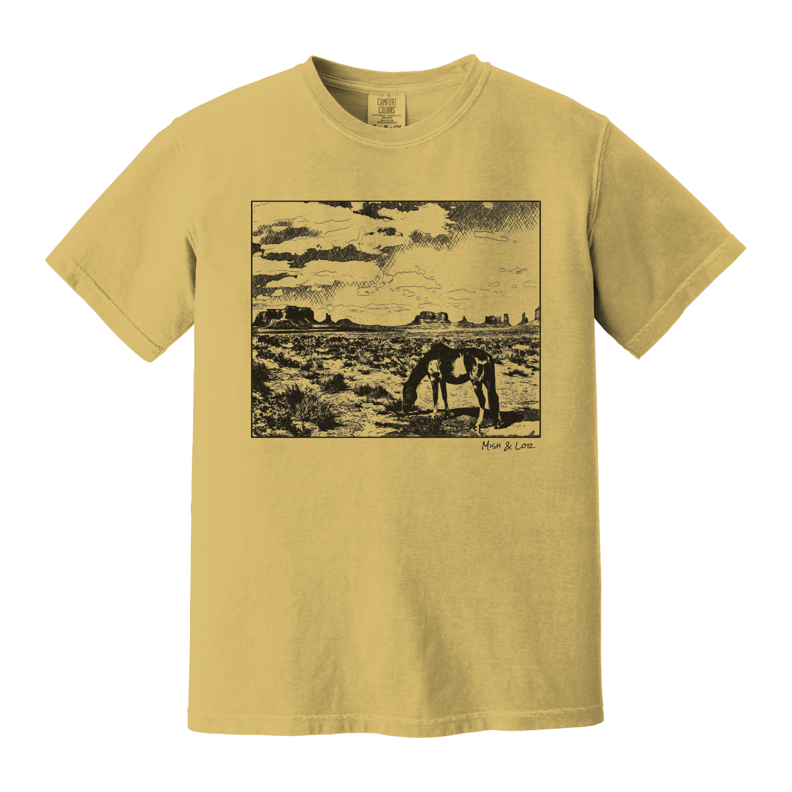 Desert Horse t-shirt in Mustard (yellow), with a lone horse grazing before desert buttes under a softly clouded southwestern sky.