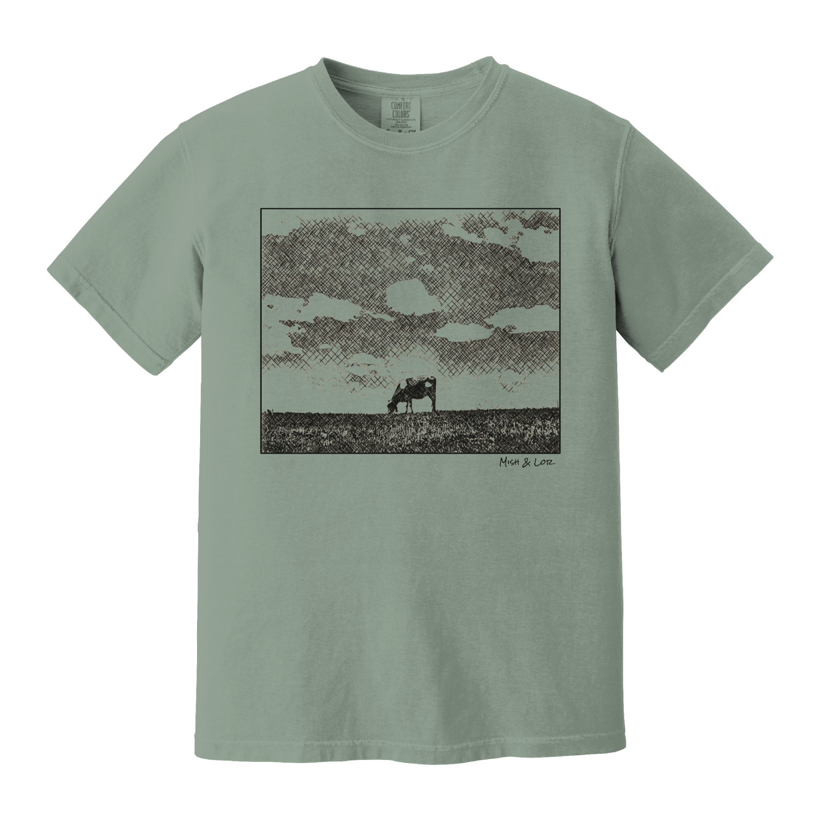 Front view of the Field Cow Cotton T-Shirt in Bay (green) featuring  a whimsical black-and-white rendering of a lone cow grazing in a field beneath a cloud-dotted sky