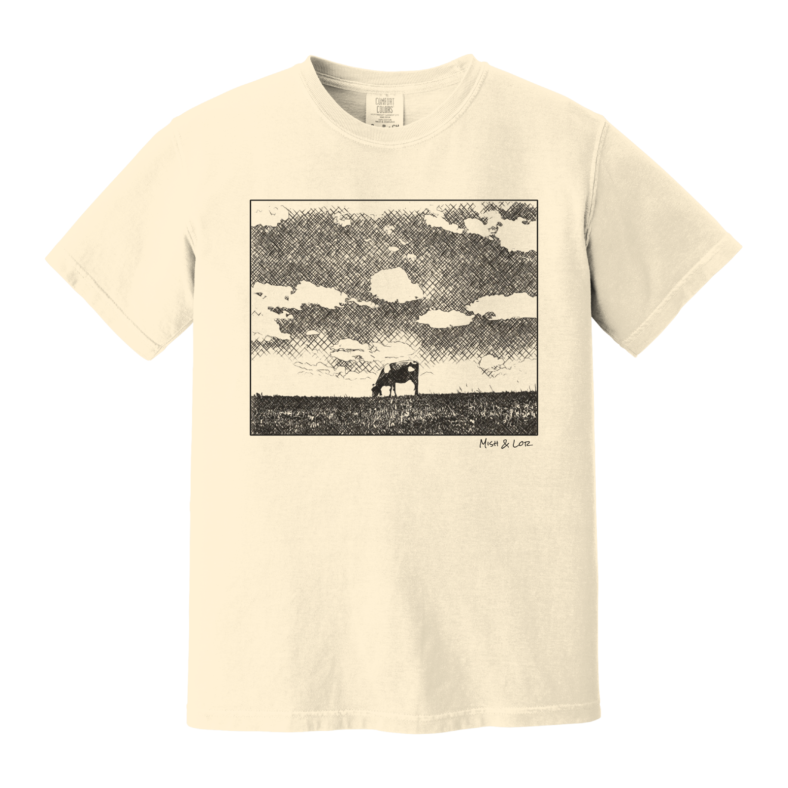 Front view of the Field Cow Cotton T-Shirt in Ivory (cream) featuring  a whimsical black-and-white rendering of a lone cow grazing in a field beneath a cloud-dotted sky