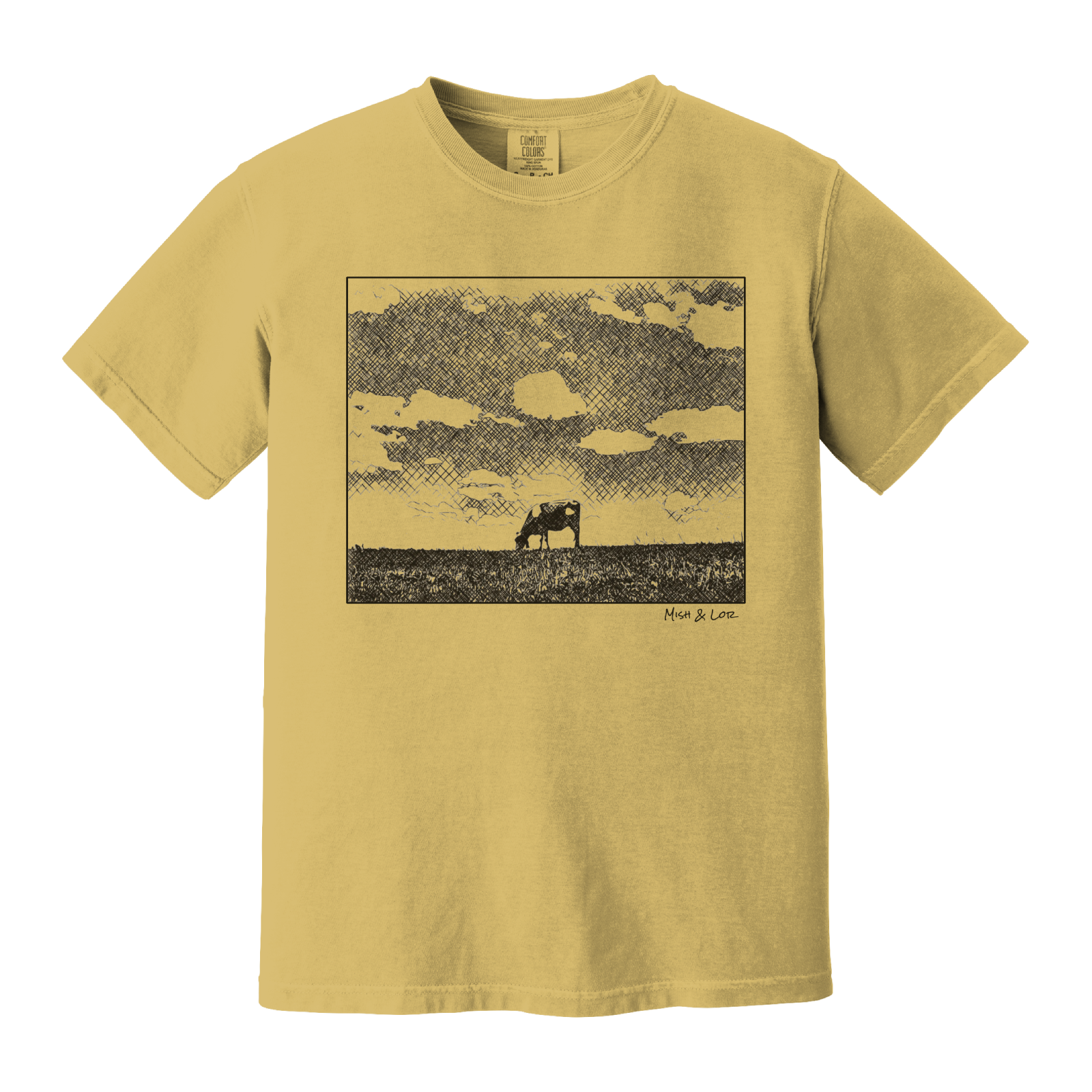 Front view of the Field Cow Cotton T-Shirt in Mustard (yellow) featuring  a whimsical black-and-white rendering of a lone cow grazing in a field beneath a cloud-dotted sky