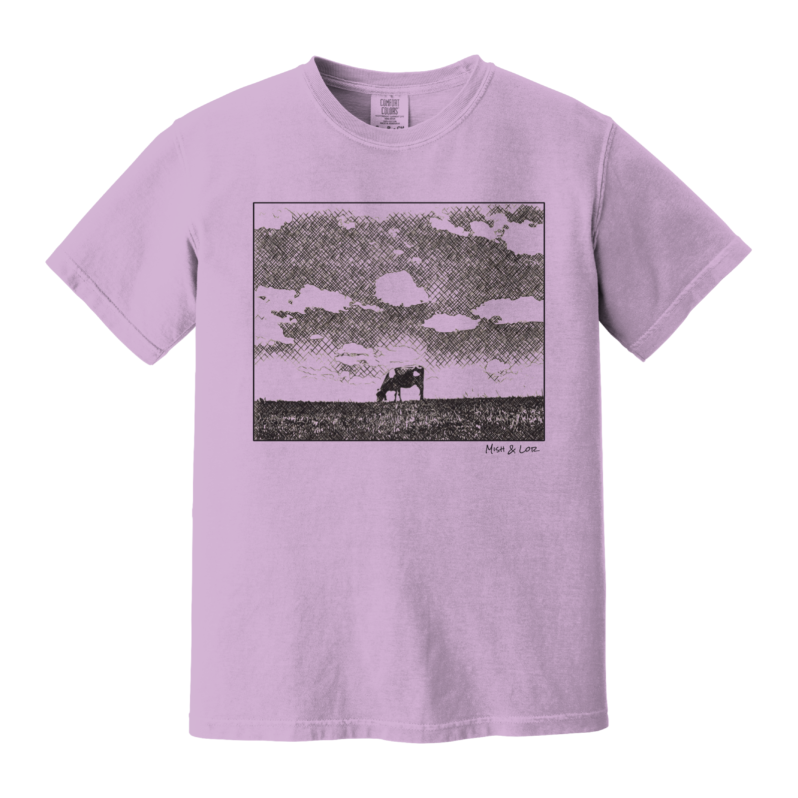Front view of the Field Cow Cotton T-Shirt in Orchid (purple) featuring  a whimsical black-and-white rendering of a lone cow grazing in a field beneath a cloud-dotted sky