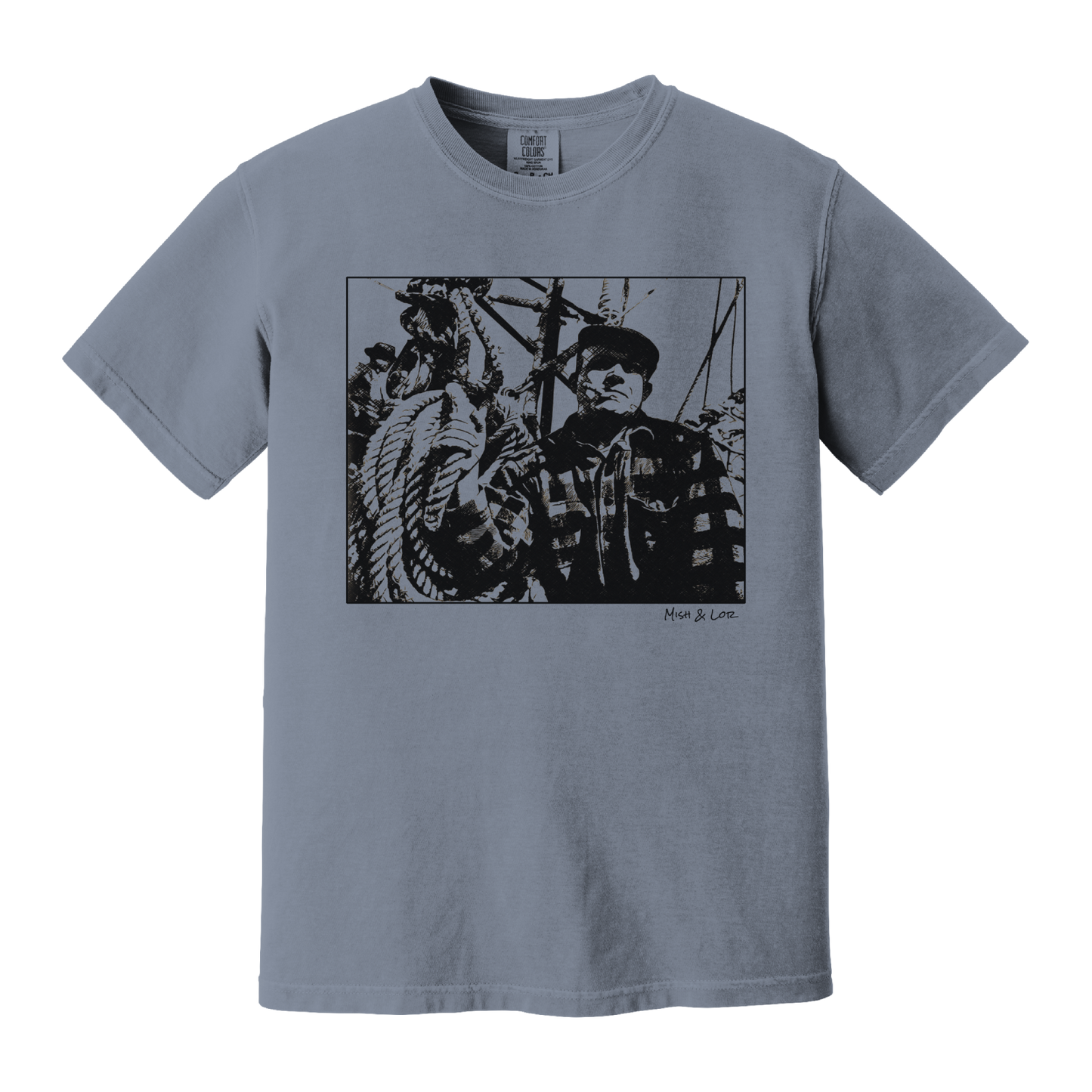 Front view of the Fisherman Cotton T-Shirt in Blue Jean (dusty blue), featuring a vintage portrait of a fisherman in flannel, gripping ropes on a boat with a cigar in his mouth.