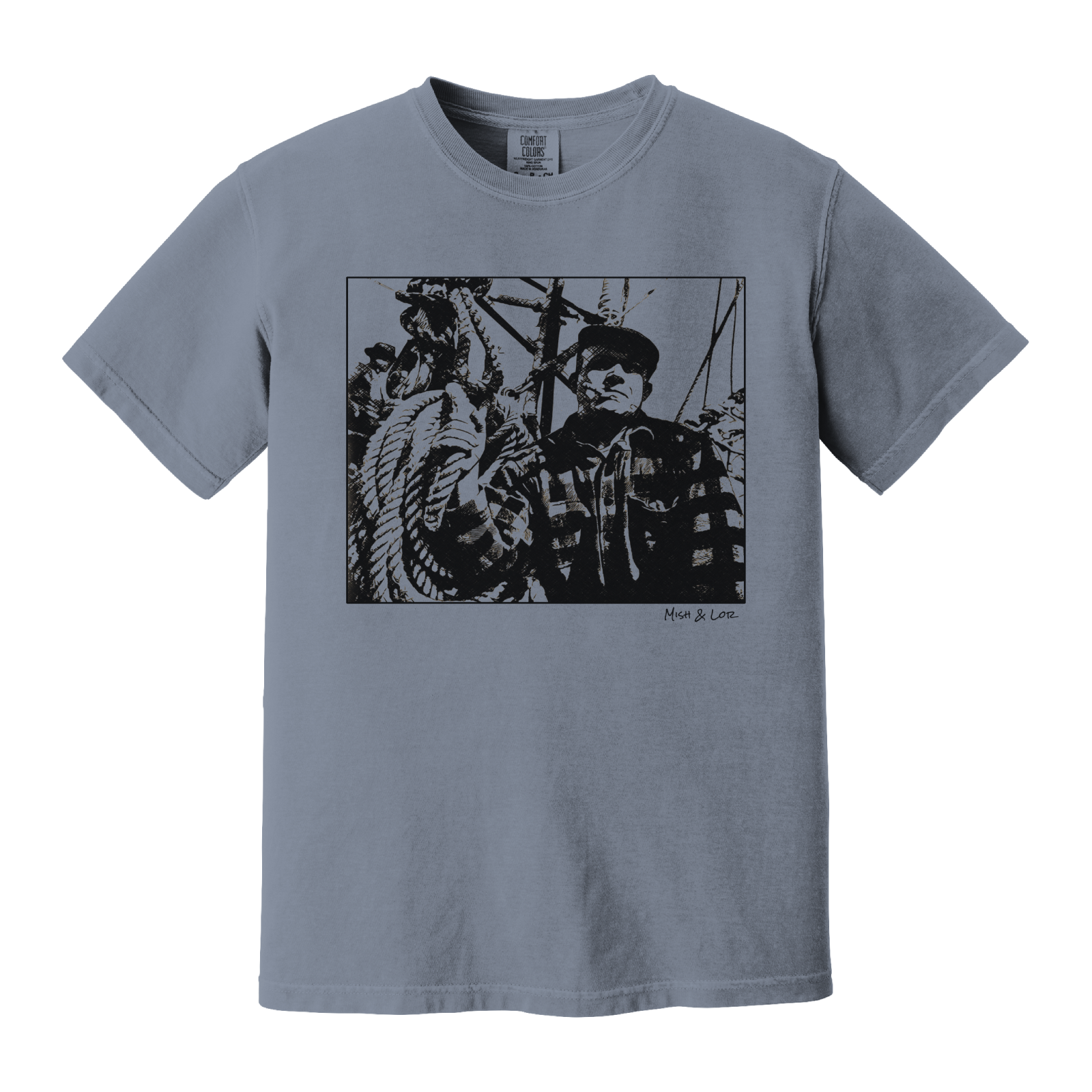 Front view of the Fisherman Cotton T-Shirt in Blue Jean (dusty blue), featuring a vintage portrait of a fisherman in flannel, gripping ropes on a boat with a cigar in his mouth.