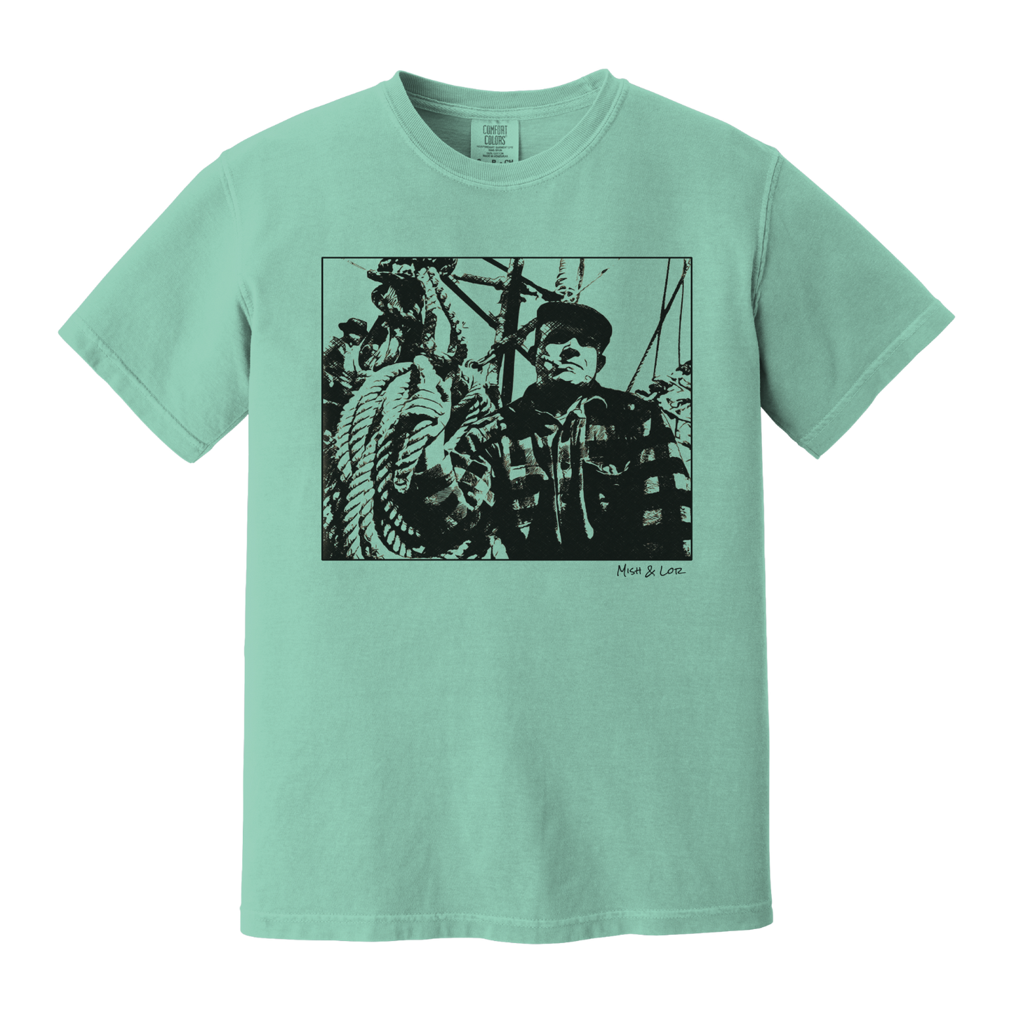 Front view of the Fisherman Cotton T-Shirt in Chalky Mint (green), featuring a vintage portrait of a fisherman in flannel, gripping ropes on a boat with a cigar in his mouth.