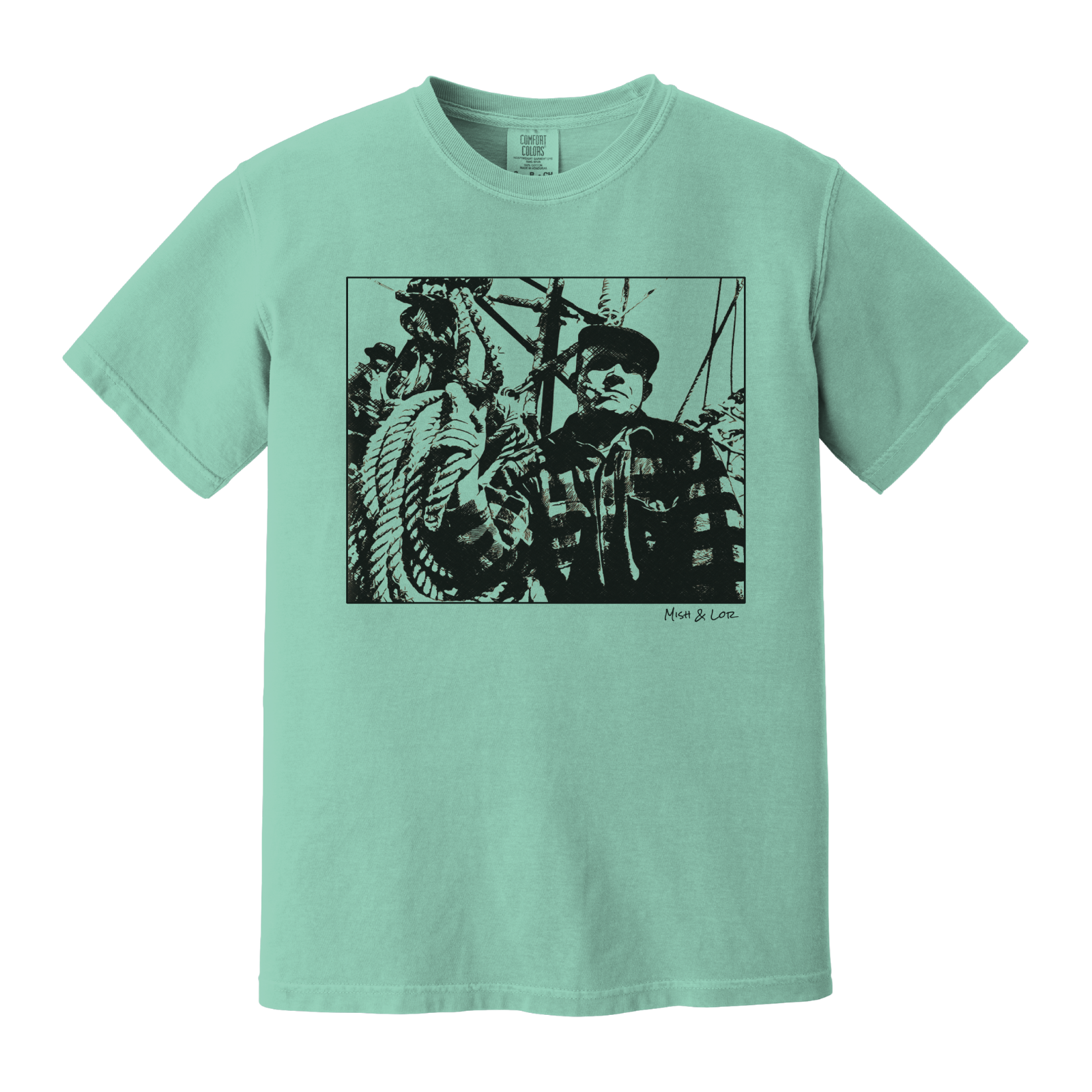 Front view of the Fisherman Cotton T-Shirt in Chalky Mint (green), featuring a vintage portrait of a fisherman in flannel, gripping ropes on a boat with a cigar in his mouth.