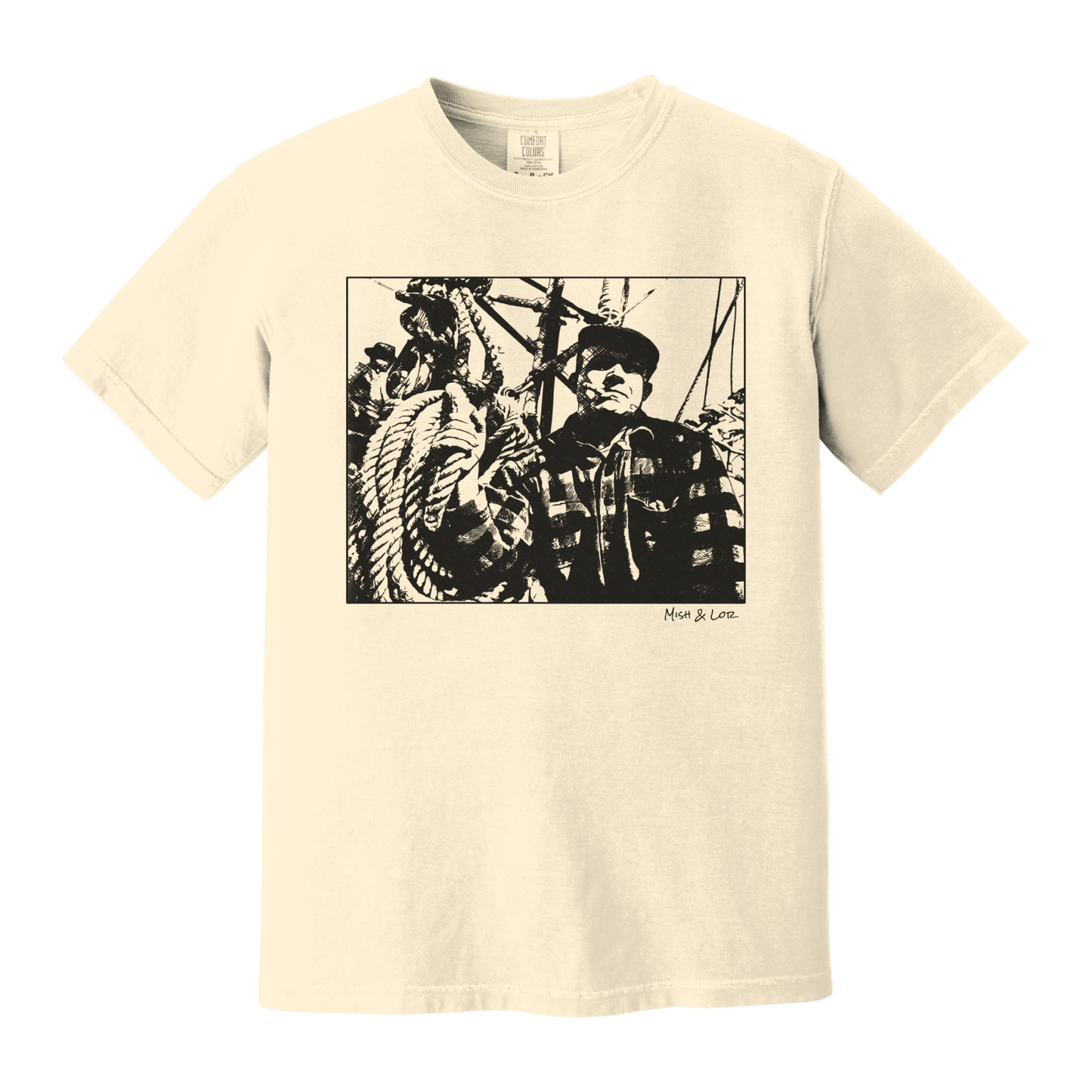 Front view of the Fisherman Cotton T-Shirt in Ivory (cream), featuring a vintage portrait of a fisherman in flannel, gripping ropes on a boat with a cigar in his mouth.