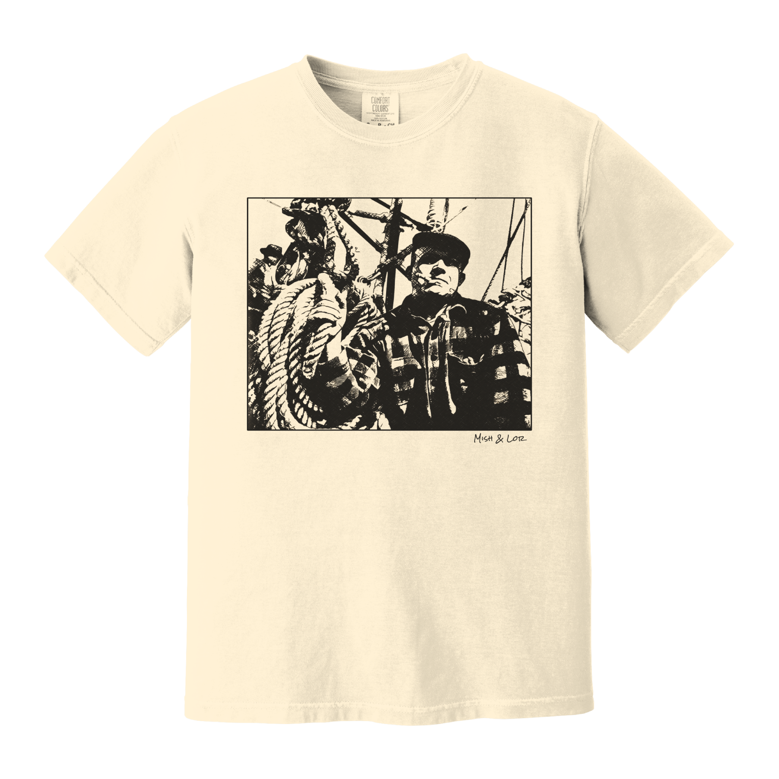 Front view of the Fisherman Cotton T-Shirt in Ivory (cream), featuring a vintage portrait of a fisherman in flannel, gripping ropes on a boat with a cigar in his mouth.