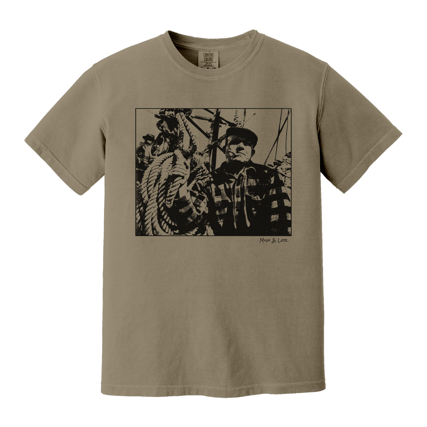 Front view of the Fisherman Cotton T-Shirt in Khaki (beige), featuring a vintage portrait of a fisherman in flannel, gripping ropes on a boat with a cigar in his mouth.