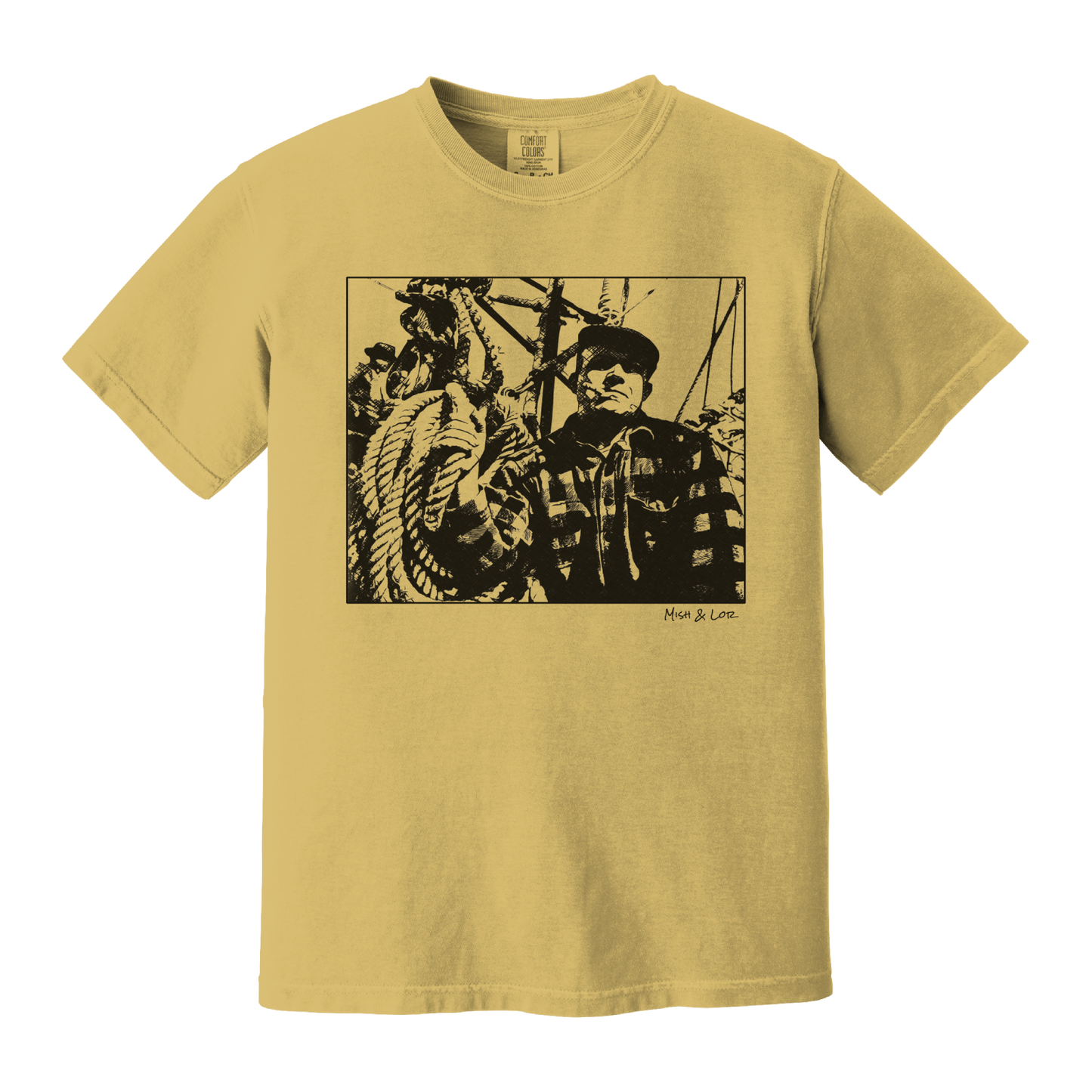 Front view of the Fisherman Cotton T-Shirt in Mustard (yellow), featuring a vintage portrait of a fisherman in flannel, gripping ropes on a boat with a cigar in his mouth.