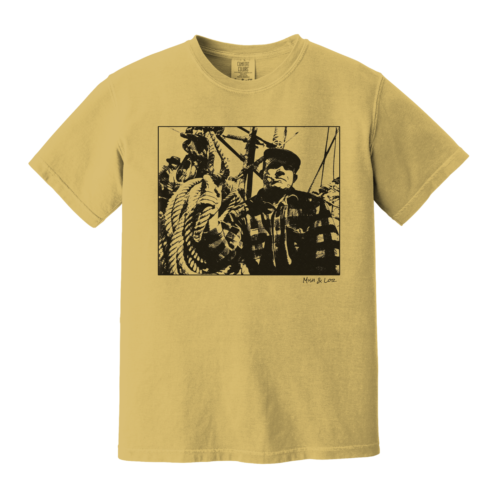 Front view of the Fisherman Cotton T-Shirt in Mustard (yellow), featuring a vintage portrait of a fisherman in flannel, gripping ropes on a boat with a cigar in his mouth.