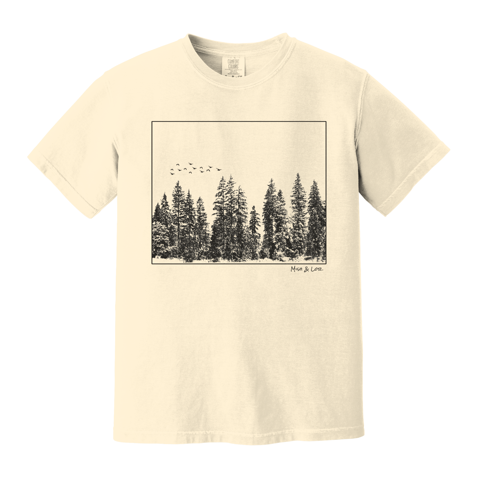 Front view of the Flight Over Evergreens Cotton T-shirt in Ivory (cream), featuring a framed graphic of birds flying low over a line of PNW forest.
