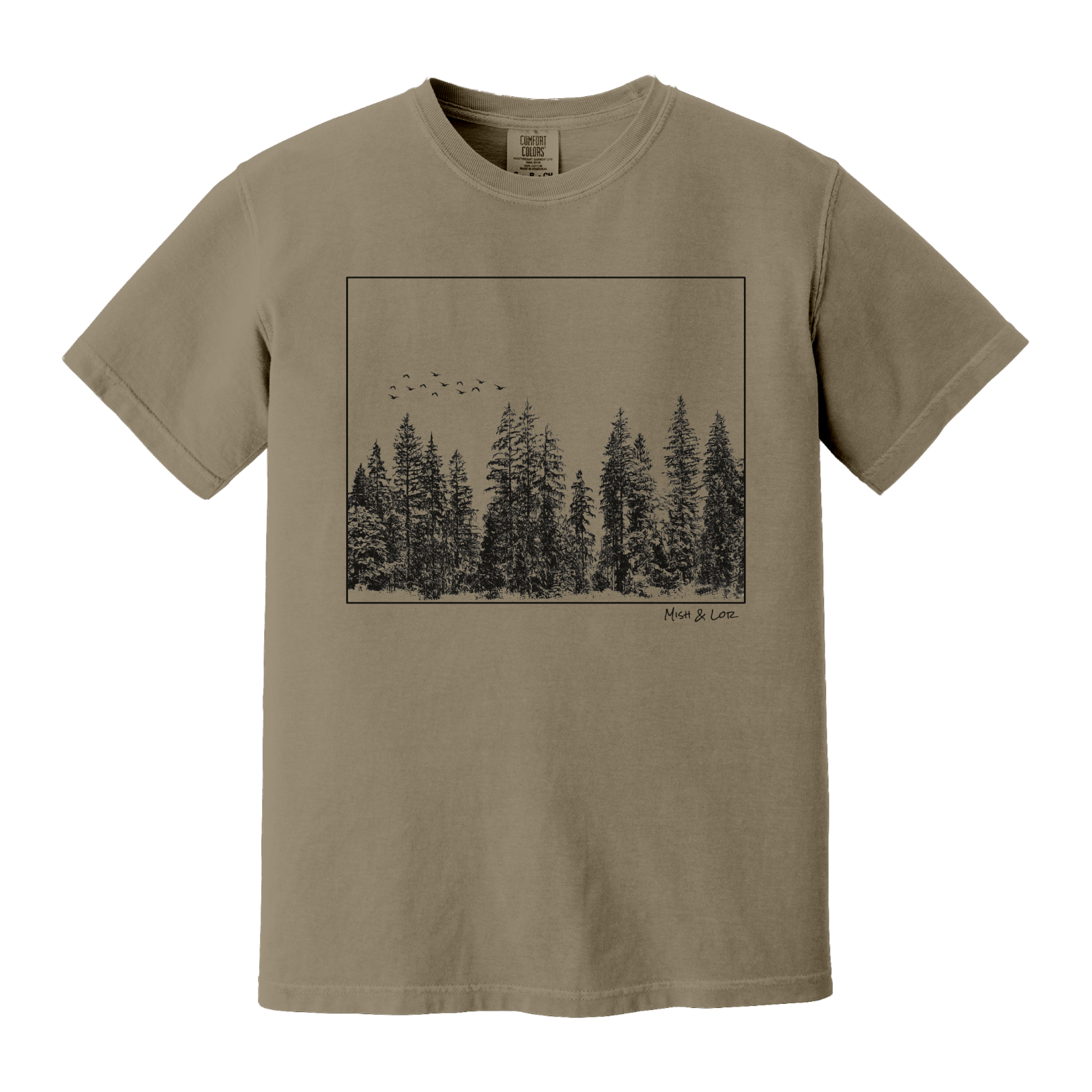 Front view of the Flight Over Evergreens Cotton T-shirt in Khaki (beige), featuring a framed graphic of birds flying low over a line of PNW forest.