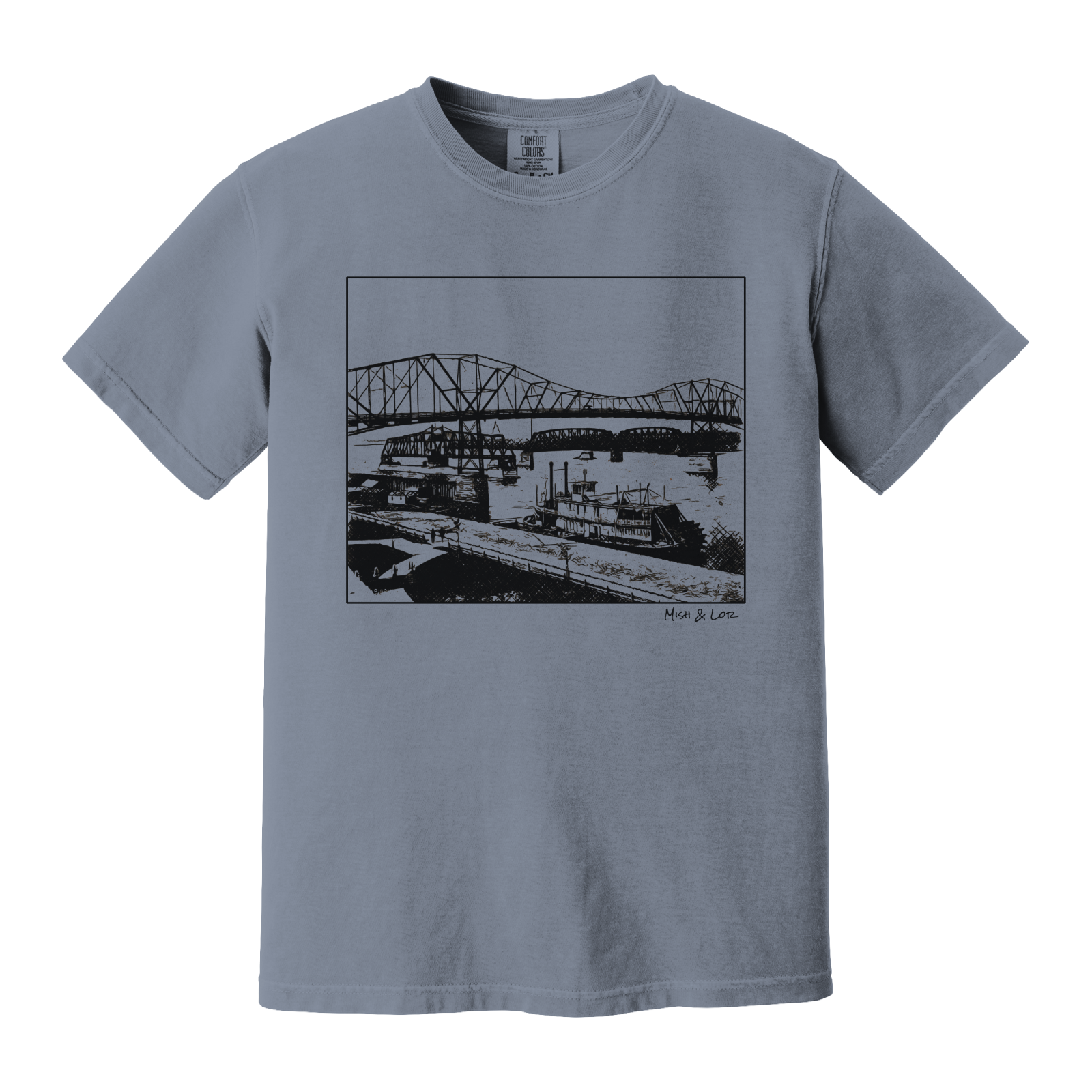 Front view of the Mississippi River Bride Cotton T-Shirt in Blue Jean (dusty blue), featuring a framed vintage riverfront scene — steel bridges and riverboats rendered in a minimalist, indie-inspired style
