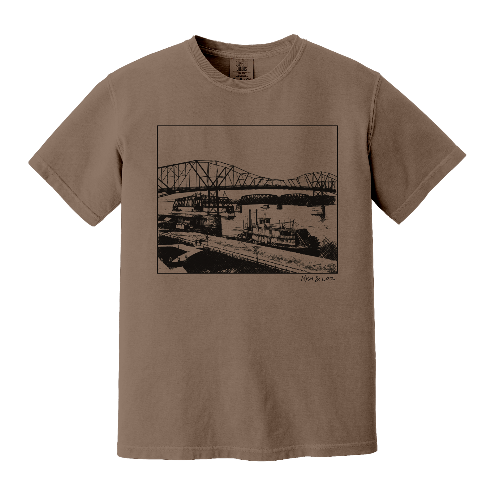 Front view of the Mississippi River Bride Cotton T-Shirt in Espresso (brown), featuring a framed vintage riverfront scene — steel bridges and riverboats rendered in a minimalist, indie-inspired style