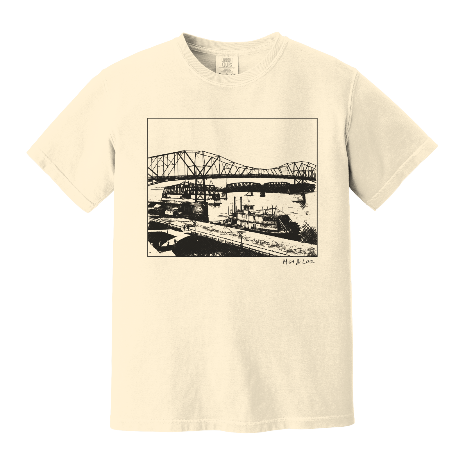 Front view of the Mississippi River Bride Cotton T-Shirt in Ivory (cream), featuring a framed vintage riverfront scene — steel bridges and riverboats rendered in a minimalist, indie-inspired style