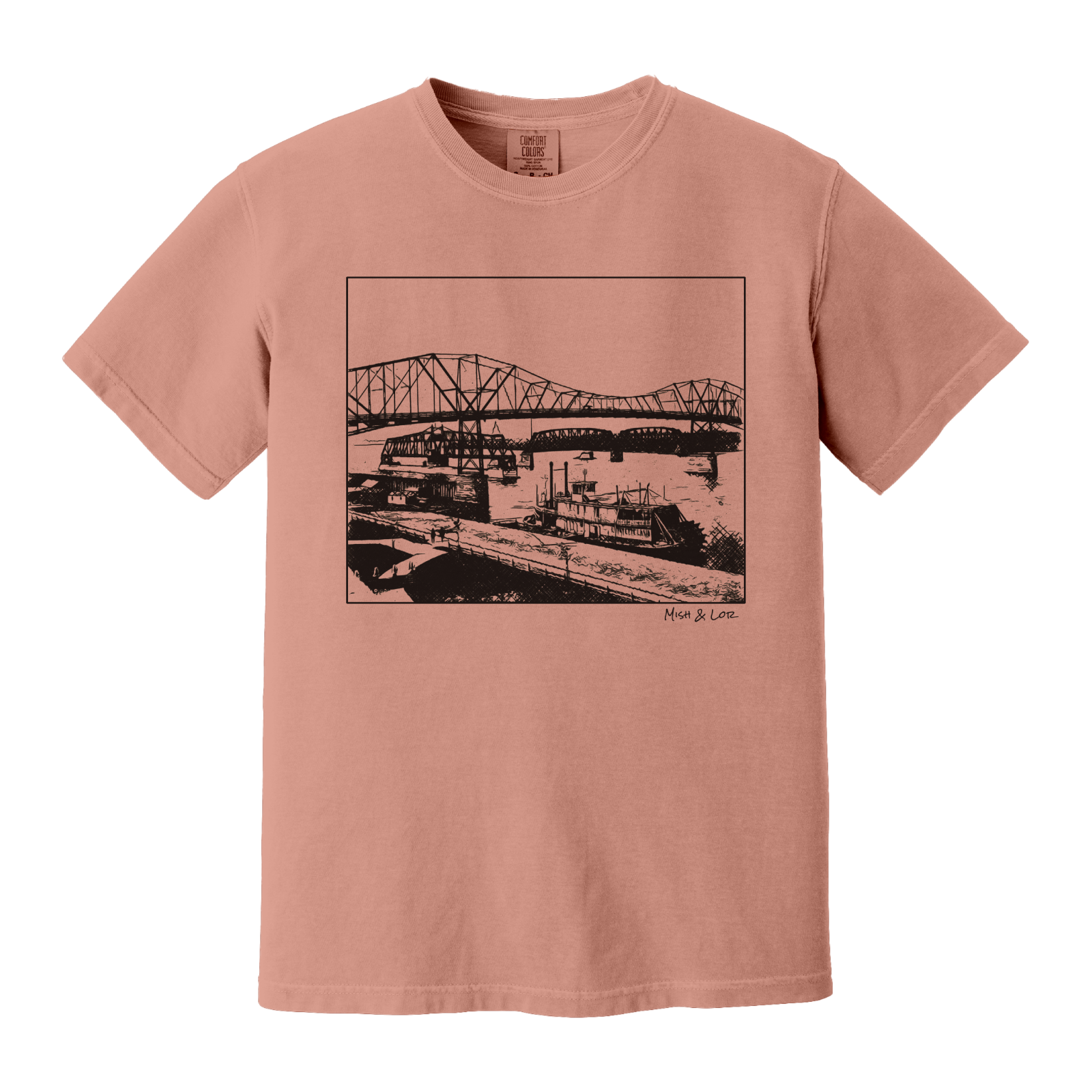 Front view of the Mississippi River Bride Cotton T-Shirt in Terracotta (coral), featuring a framed vintage riverfront scene — steel bridges and riverboats rendered in a minimalist, indie-inspired style