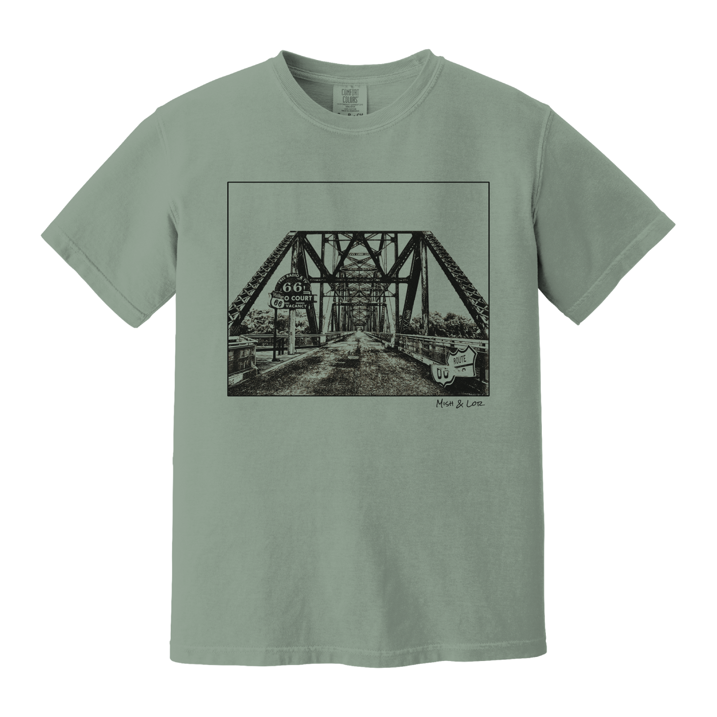 Front view of the Old Route 66 cotton t-shirt in Bay (green), featuring a weathered industrial-style bridge and road graphic