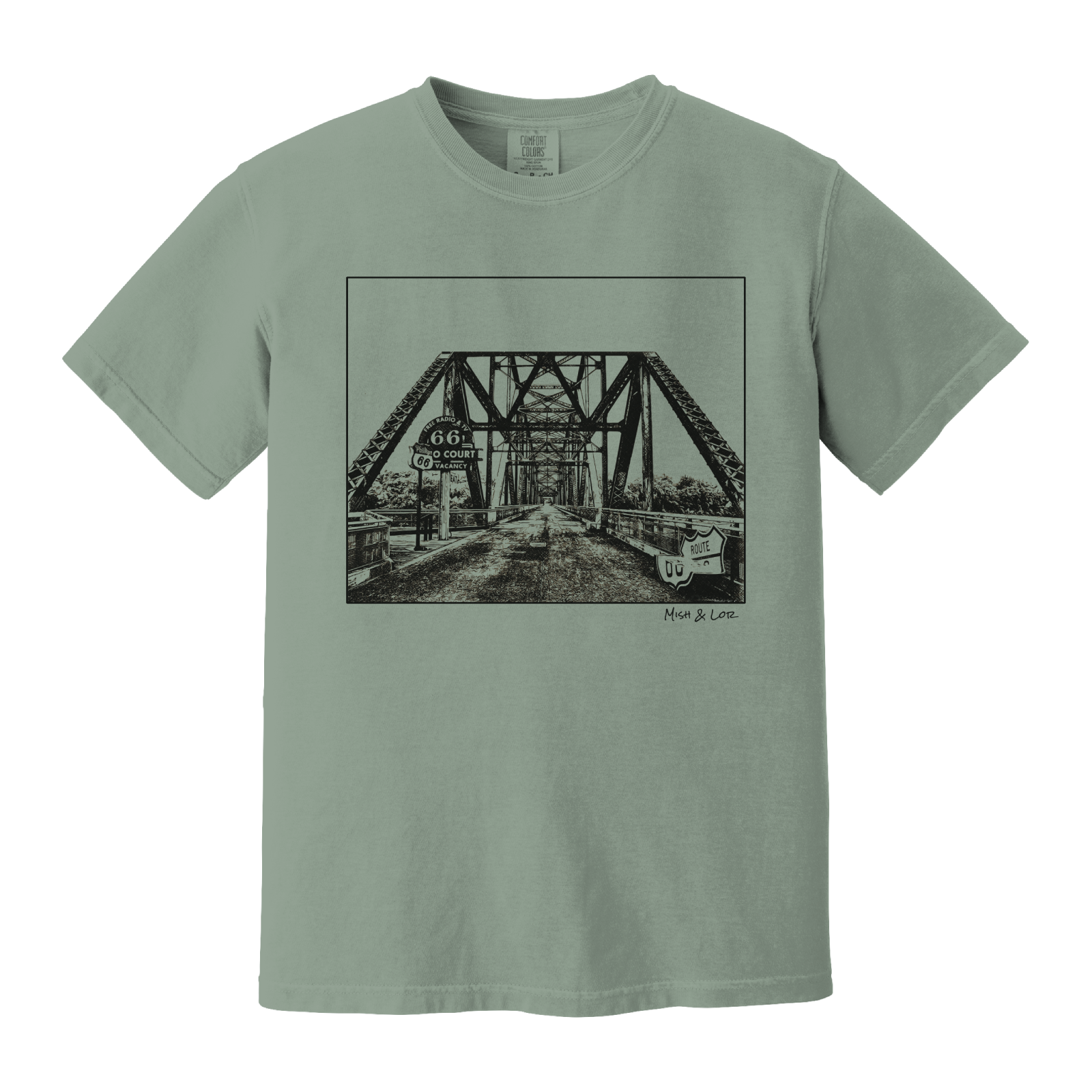 Front view of the Old Route 66 cotton t-shirt in Bay (green), featuring a weathered industrial-style bridge and road graphic