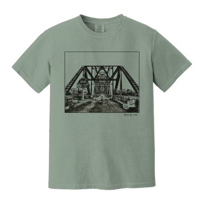 Front view of the Old Route 66 cotton t-shirt in Bay (green), featuring a weathered industrial-style bridge and road graphic