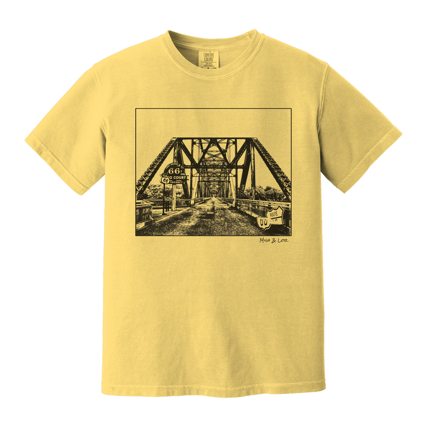 Front view of the Old Route 66 cotton t-shirt in Butter (yellow), featuring a weathered industrial-style bridge and road graphic