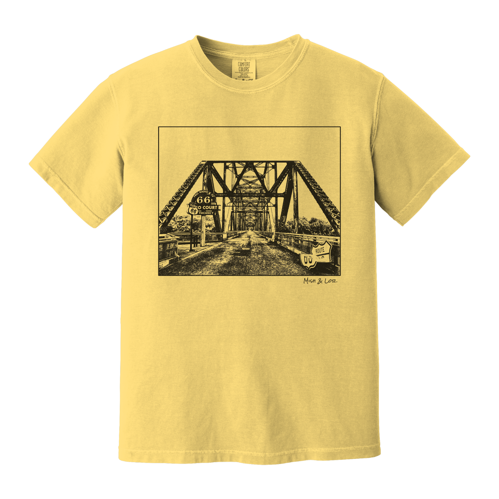 Front view of the Old Route 66 cotton t-shirt in Butter (yellow), featuring a weathered industrial-style bridge and road graphic