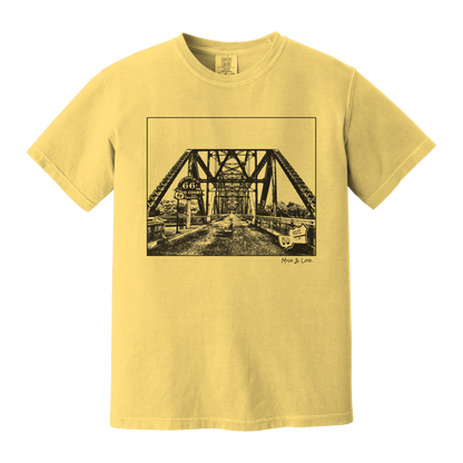 Front view of the Old Route 66 cotton t-shirt in Butter (yellow), featuring a weathered industrial-style bridge and road graphic