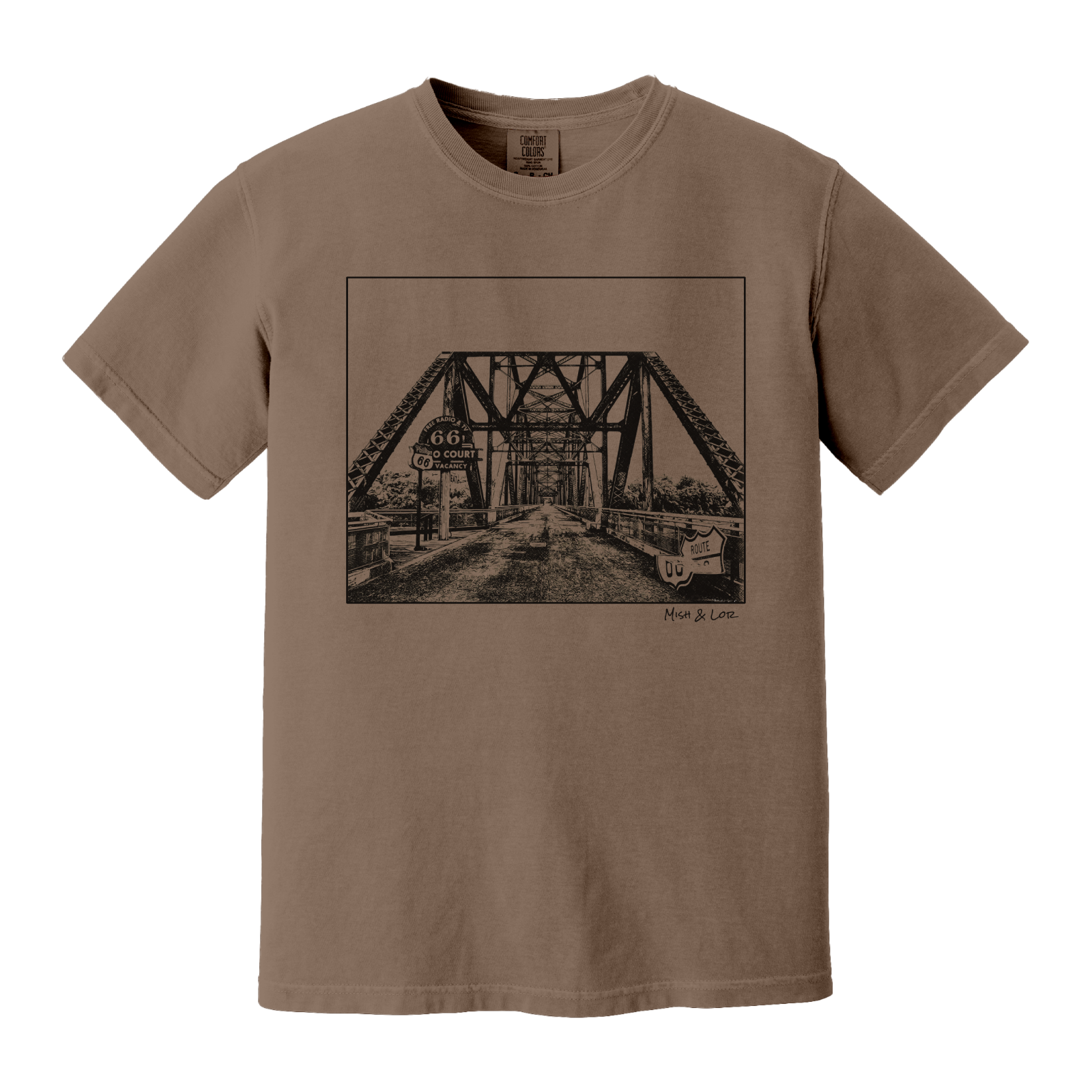 Front view of the Old Route 66 cotton t-shirt in Espresso (brown), featuring a weathered industrial-style bridge and road graphic